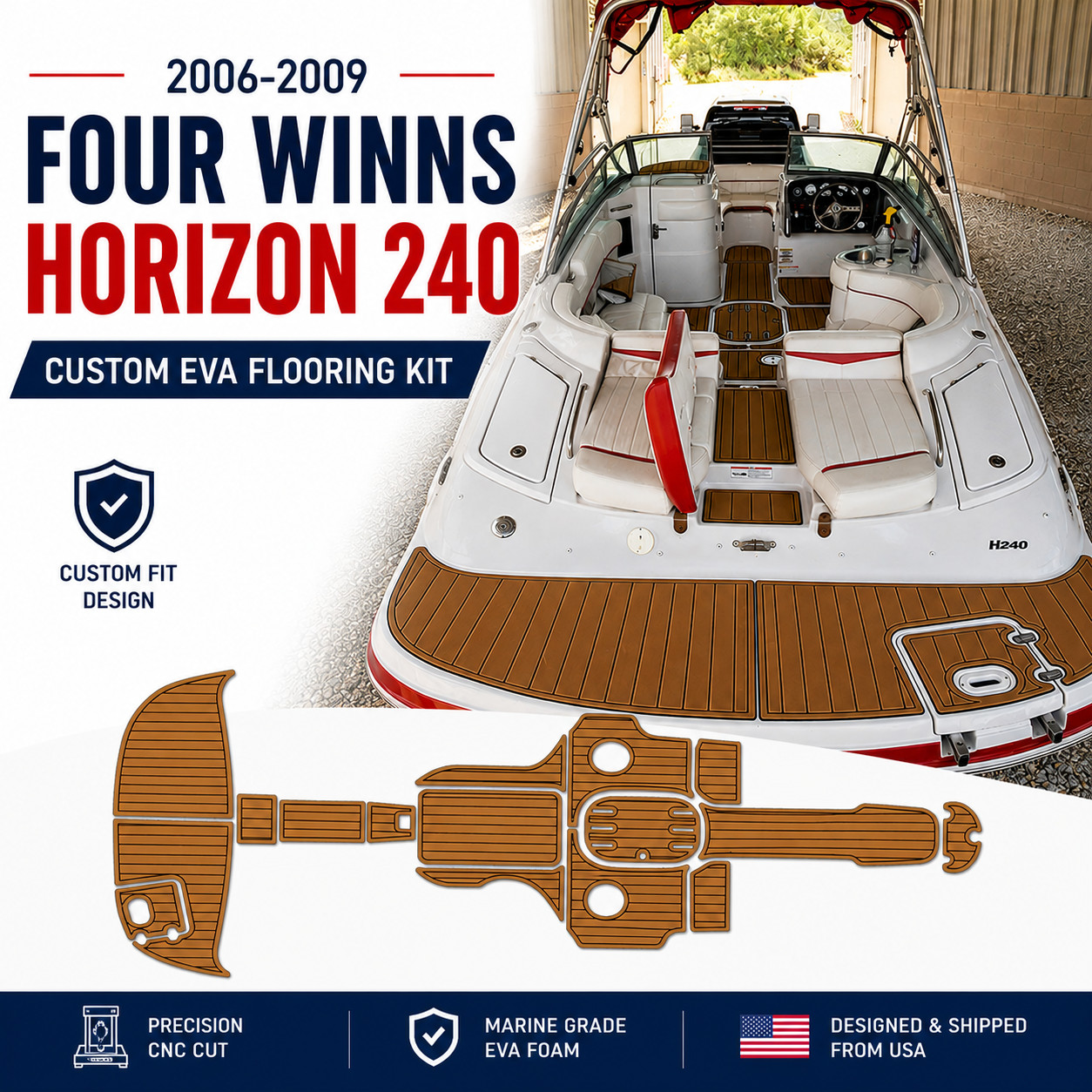 2006-2009 Four Winns Horizon 240 Custom EVA Boat Flooring Faux Teak Deck Kit