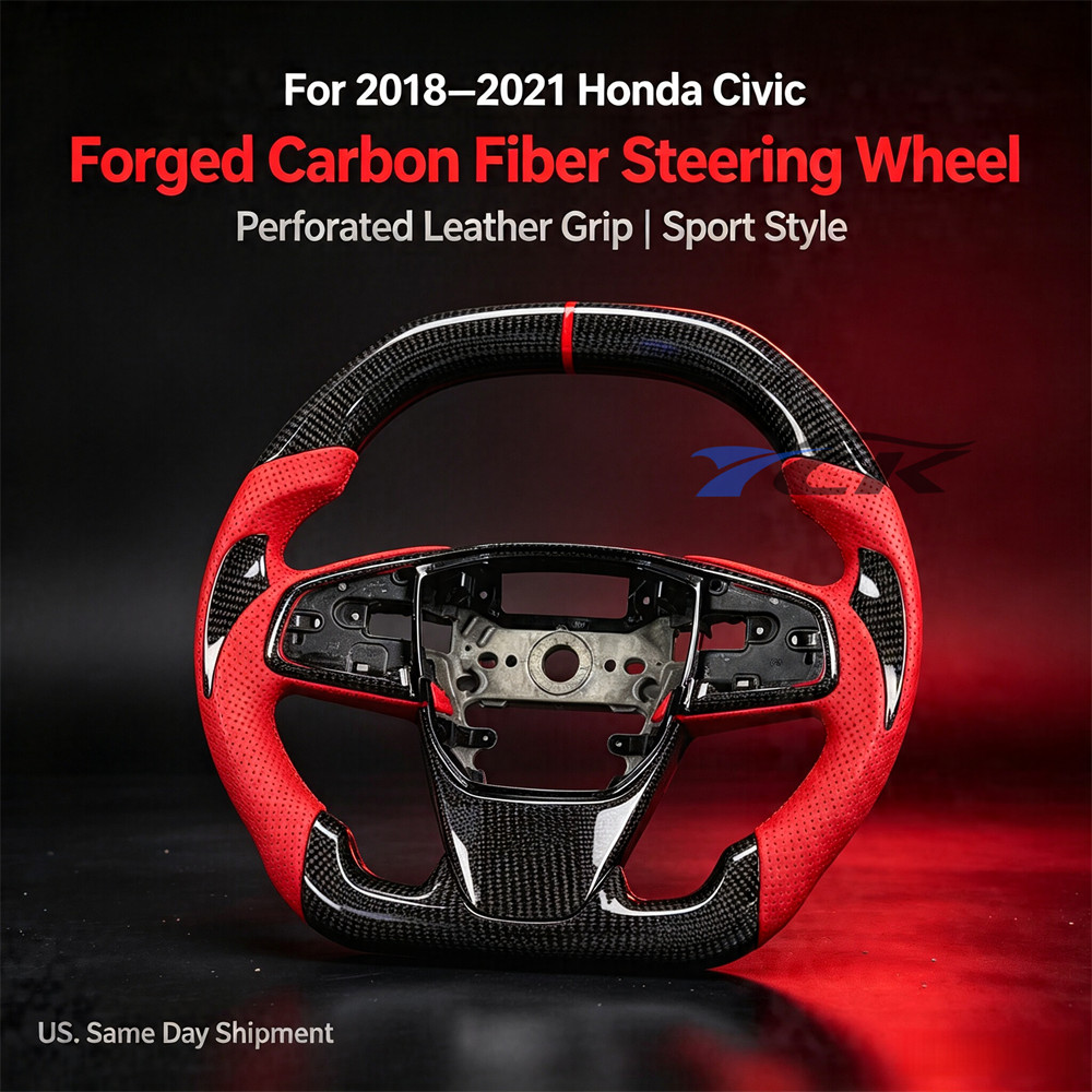 For 2018-2021 Honda Civic carbon fiber red leather sports steering wheel upgrade For 2018-2021 Honda Civic carbon fiber red leather sports steering wheel upgrade