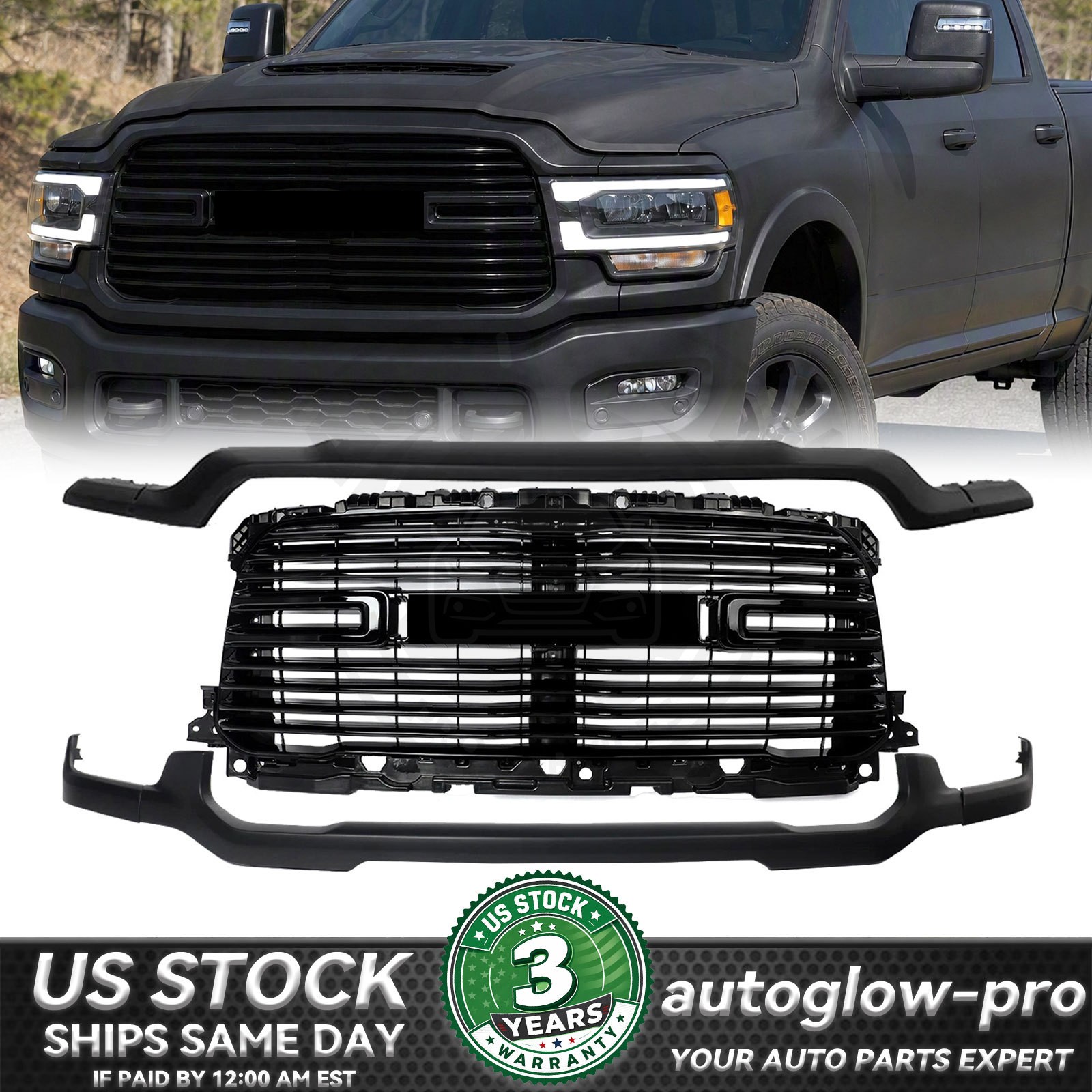 For 2019-2024 Ram 2500 3500 Front Bumper Grille Upper Lower Molding Gloss Black