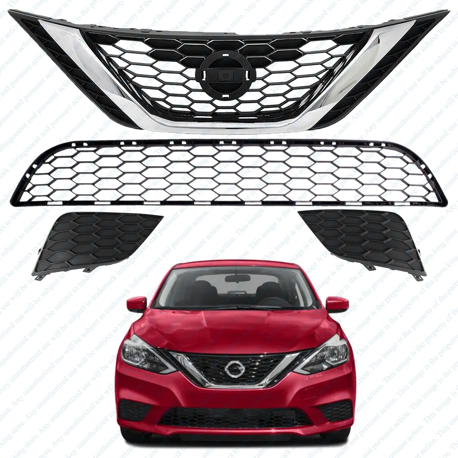For 2016 2019 Nissan Sentra Front Upper Lower Grille and Fog Bezels Covers Set