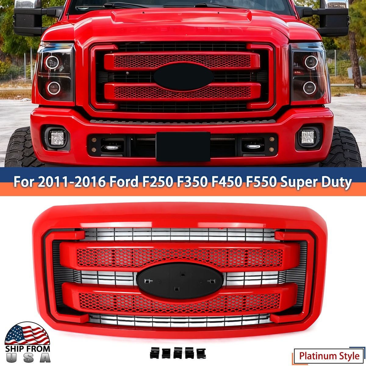 Platinum Front Hood Grille Race Red PQ For 2011-2016 Ford F250 F350 Super Duty Platinum Front Hood Grille Race Red PQ For 2011-2016 Ford F250 F350 Super Duty