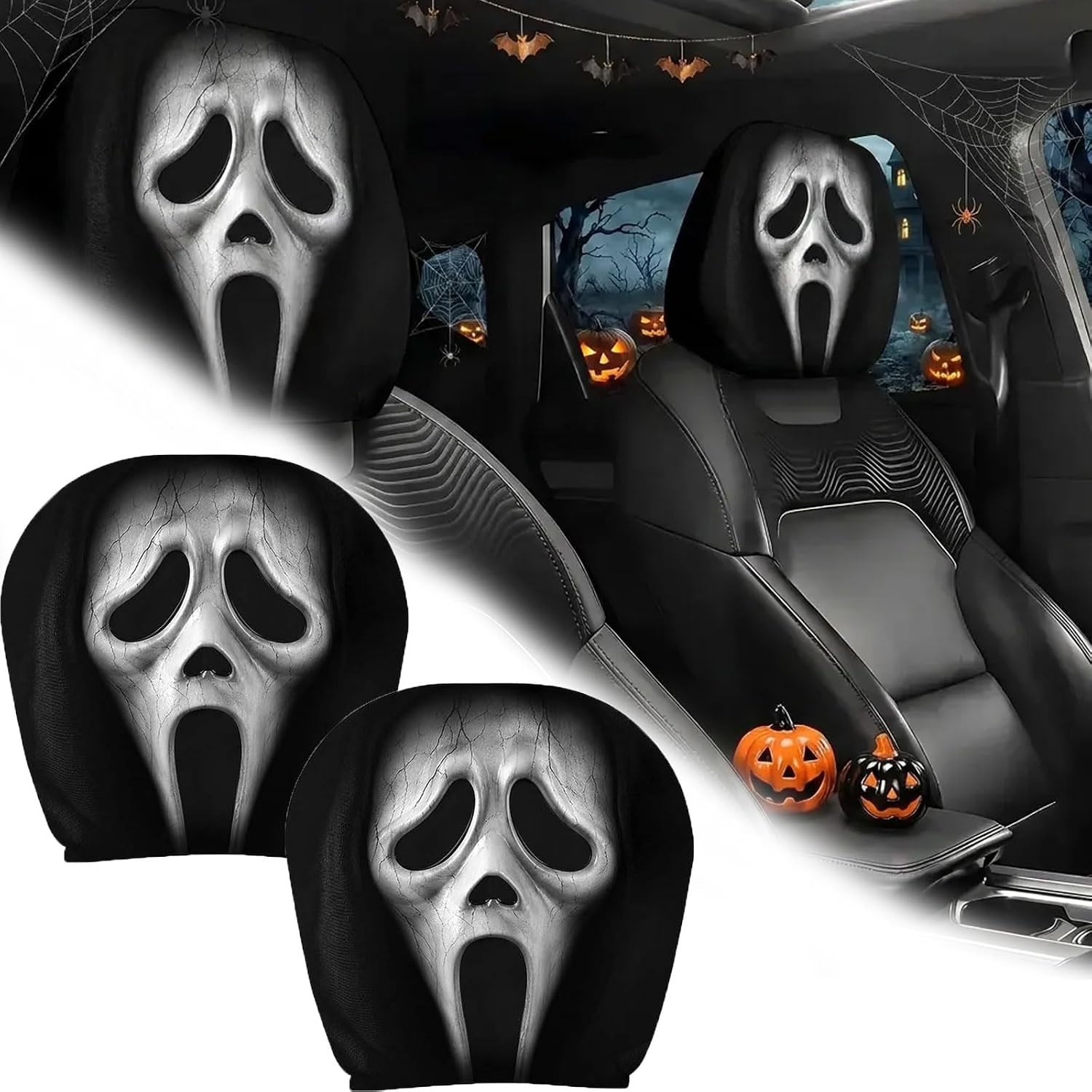 2 PCS Ghost Headrest Covers Glow in dark Scary Face Printing Universal Car