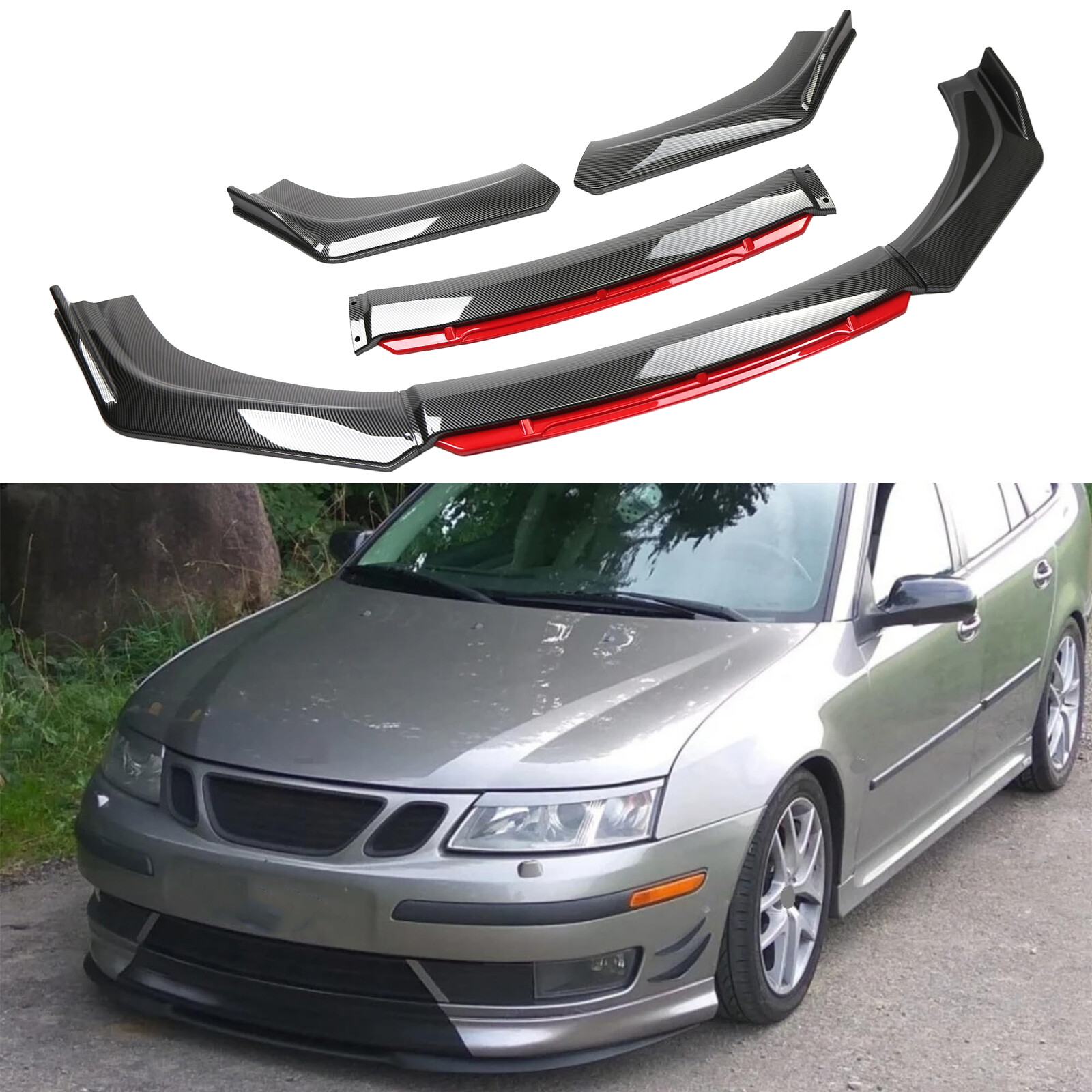 For Saab 9-3 2003-07 Carbon Front Bumper Lip Splitter Spoiler Red Lower Chin Kit
