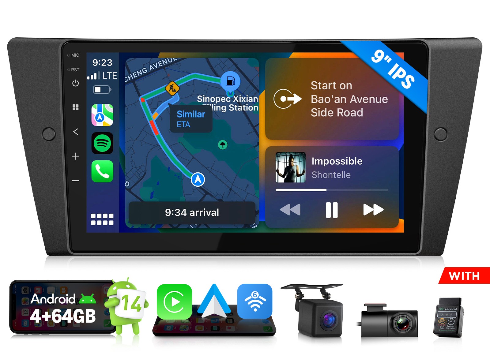 CAM+DVR+OBD+Eonon E90X7A Android 14 Car Play Radio Stereo GPS CANBus for BMW E90