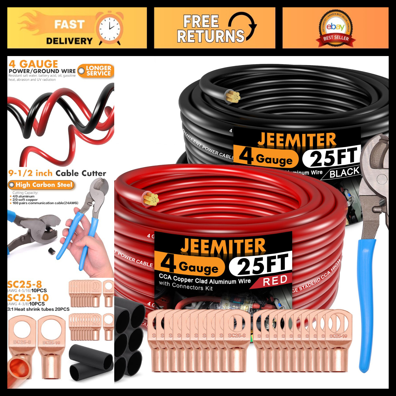 50ft 4 Gauge Battery Cable Kit, CCA Wire & Cutter for Car Audio & Amp Upgrade