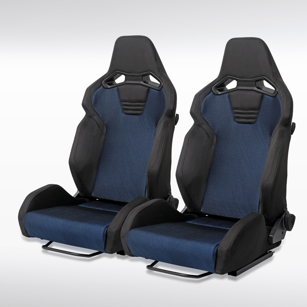 Universal Reclinable Bucket Racing Seats Black Suede Blue Mesh Fabric+Slider Universal Reclinable Bucket Racing Seats Black Suede Blue Mesh Fabric+Slider