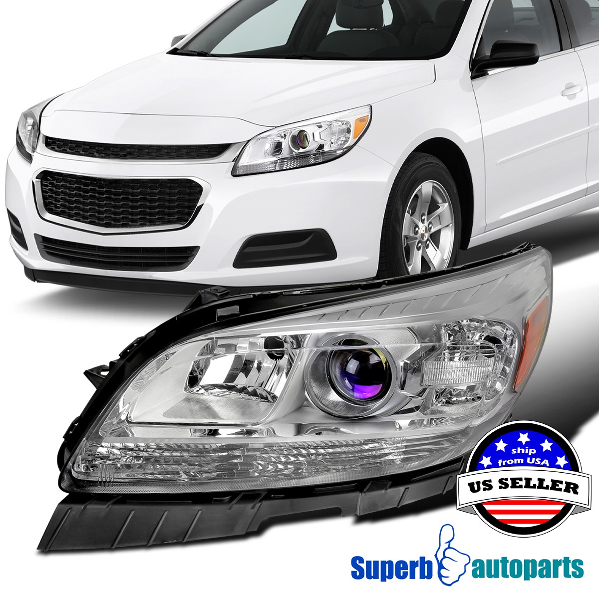 Fit 2013-2015 Chevy Malibu Halogen Crystal Clear Projector Headlight Driver Left Fit 2013-2015 Chevy Malibu Halogen Crystal Clear Projector Headlight Driver Left