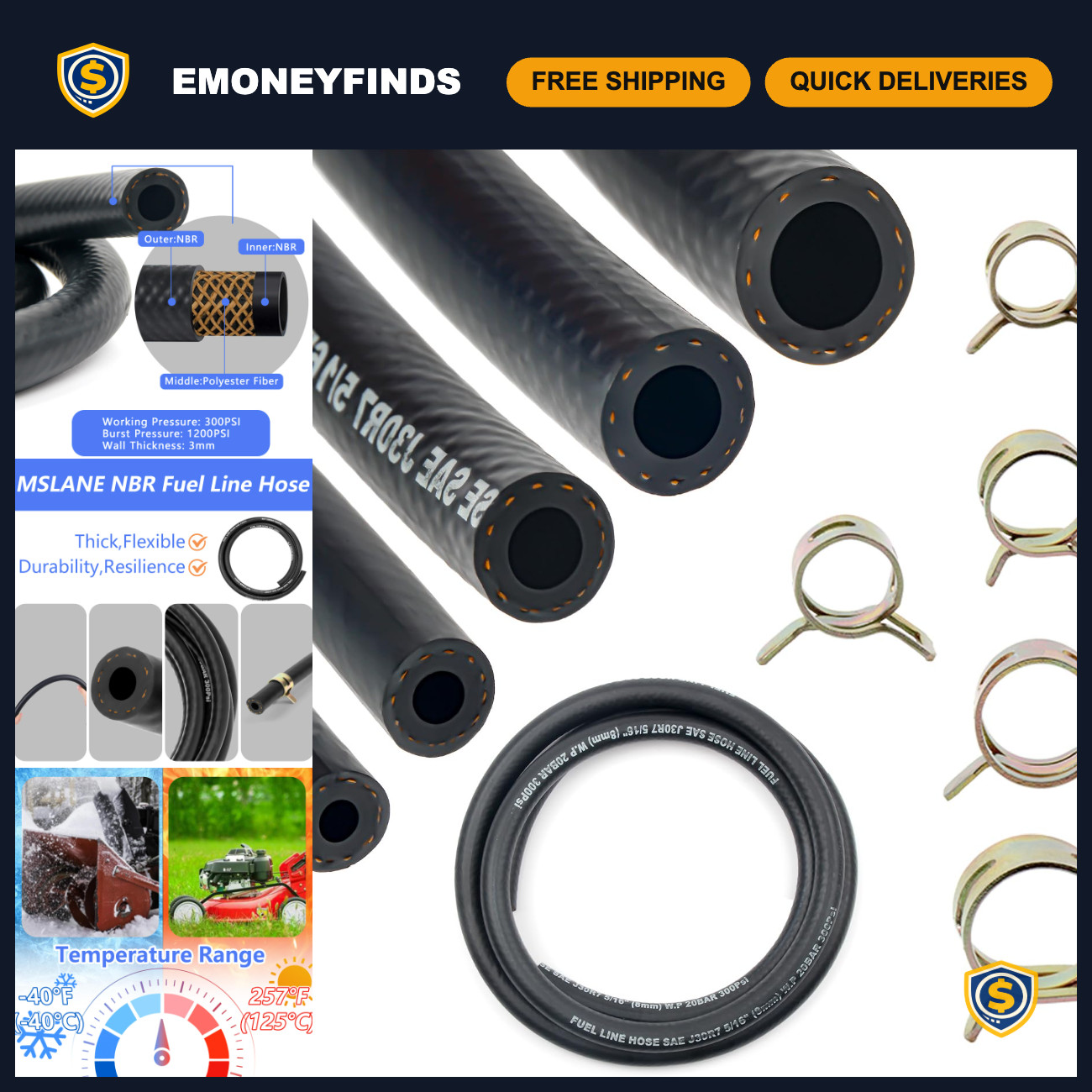 High-Performance Fuel Line Hose Kit 10FT, 5PCS + 25 Clamps, 300PSI, Reinforced R
