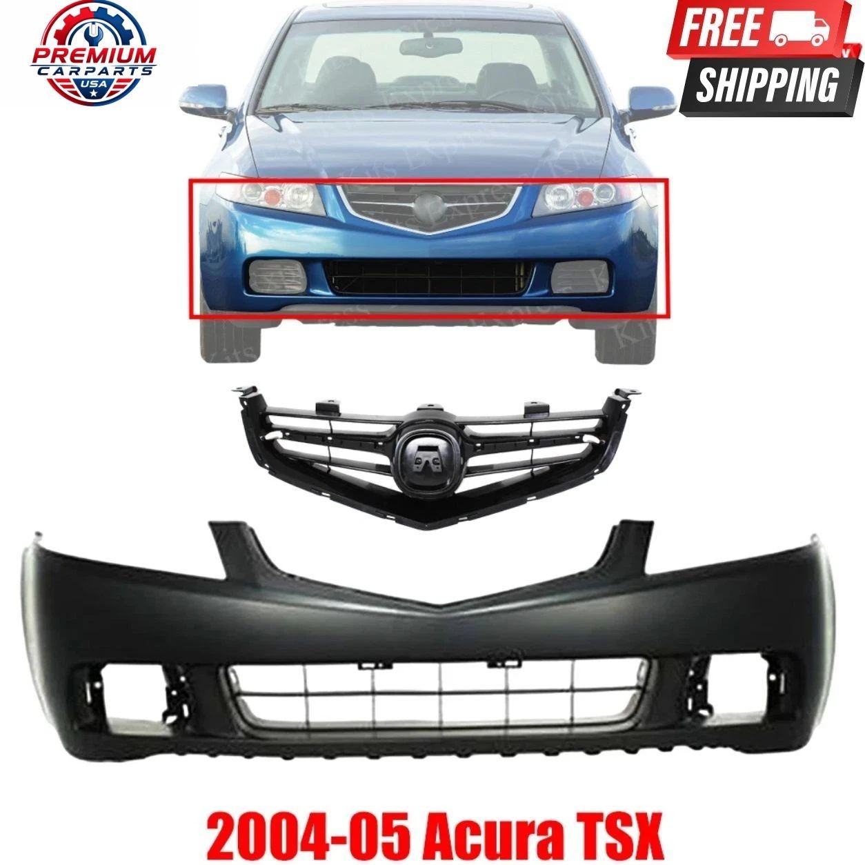 Front Bumper Cover Grille Kit For 2004-05 Acura TSX Primed With Fog Light Holes Front Bumper Cover Grille Kit For 2004-05 Acura TSX Primed With Fog Light Holes