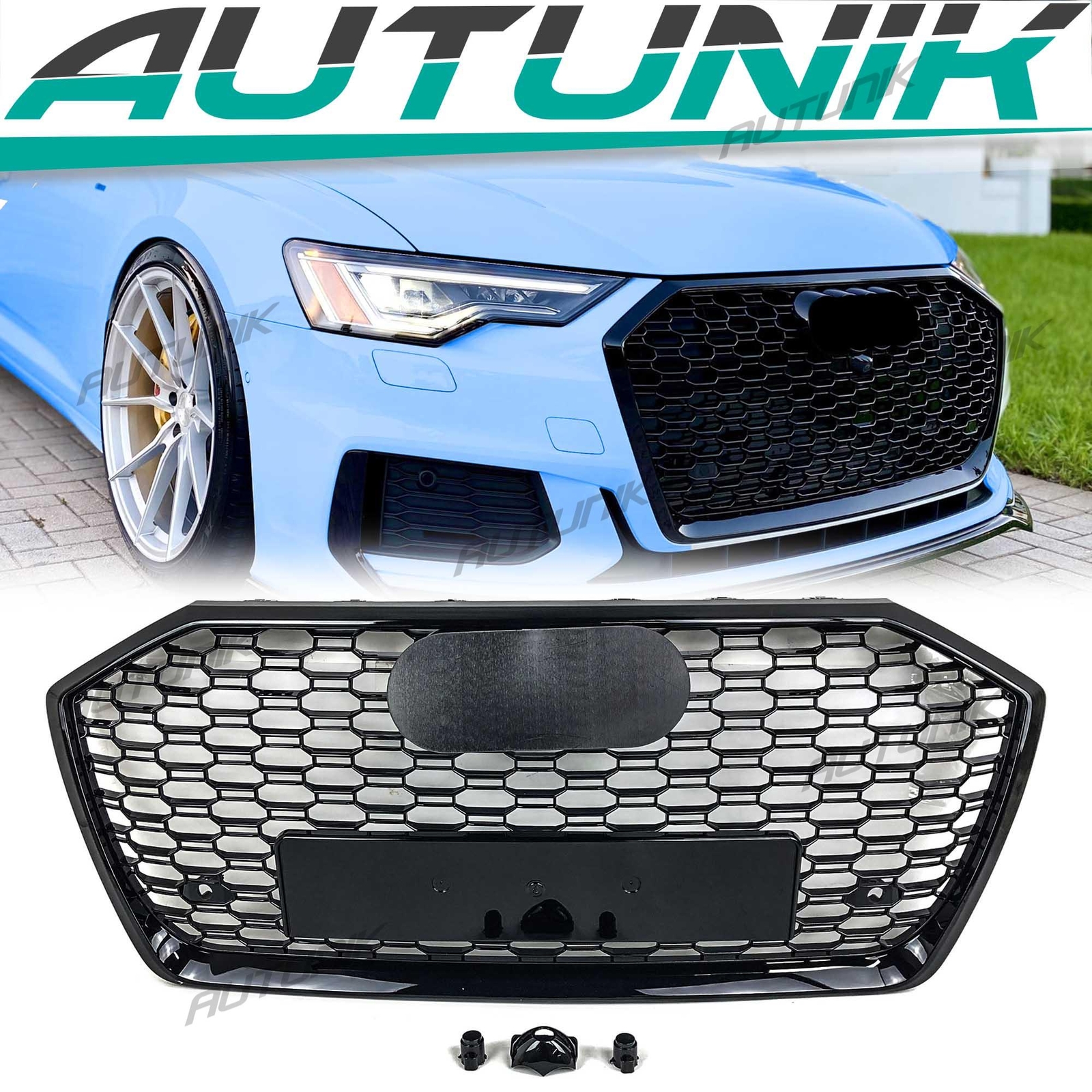 RS6 Style Honeycomb Front Bumper Grille Black Mesh for Audi A6 S6 C8 19-25