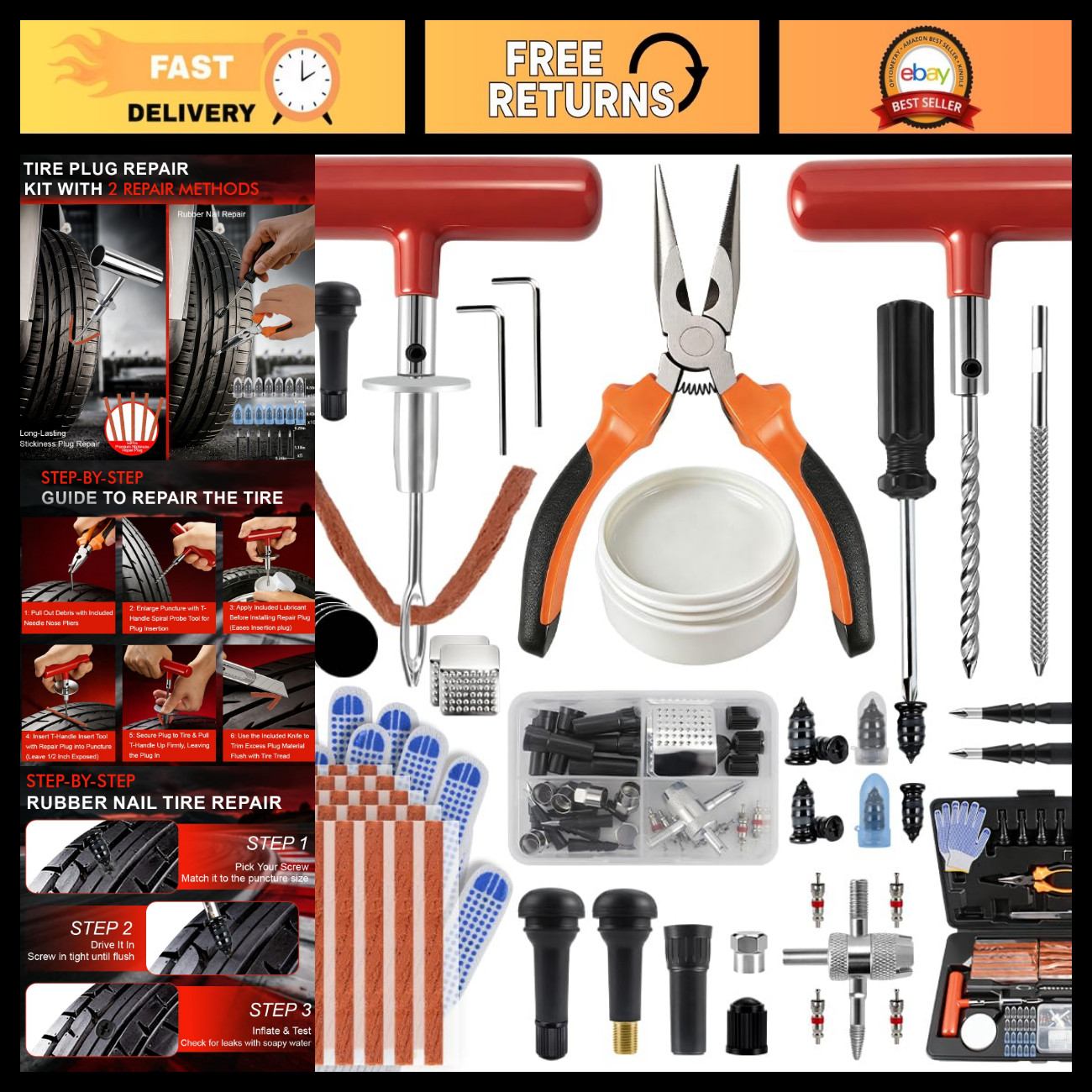 132Pcs Heavy Duty Tire Repair Kit - Professional Plug & Patch Tools for Cars, Tr