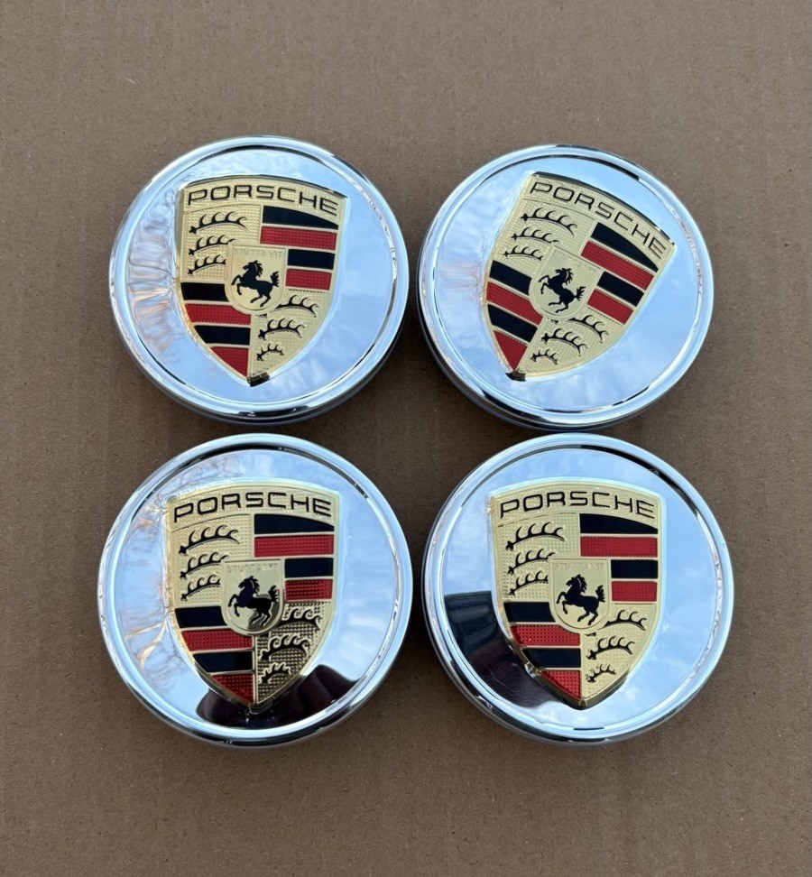 4x PORSCHE Crest Center Caps SILVER 76MM Cayenne 911 Carrera Panamera Turbo 918