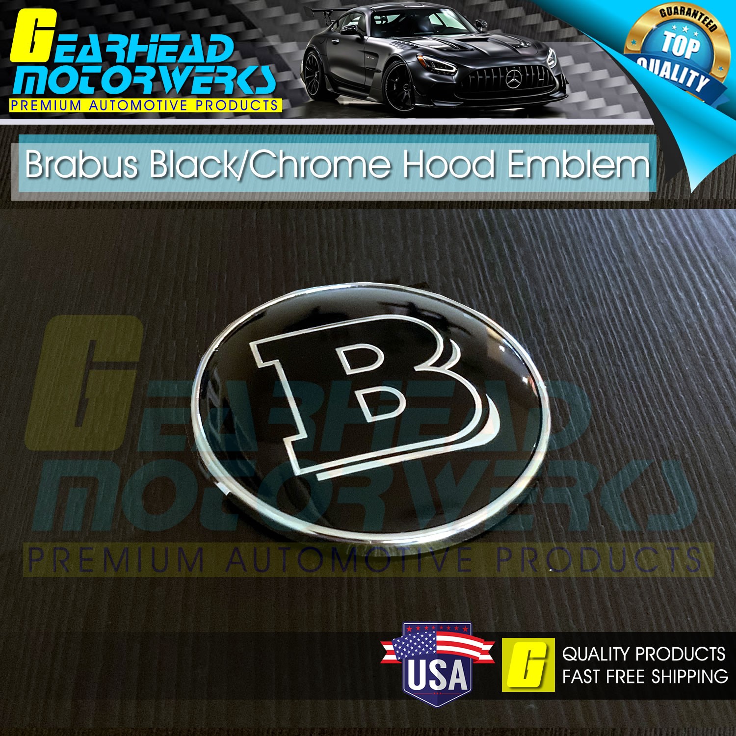 Brabus Black Flat Hood Front Emblem Chrome 3D For Mercedes Benz 57mm