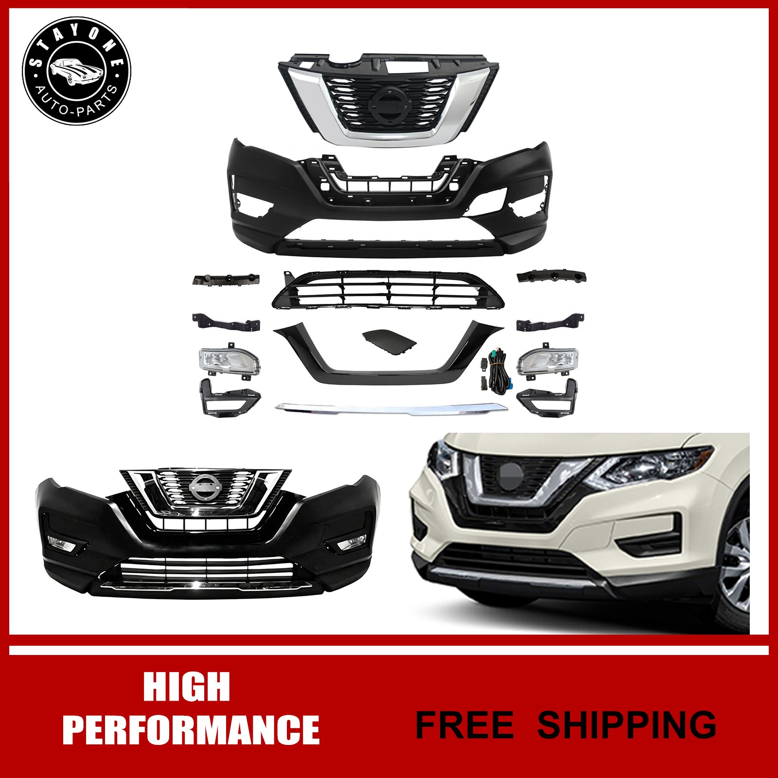 For 2017-2020 Nissan Rogue USA Built Front Bumper Grille Kit W/ Fog Lights