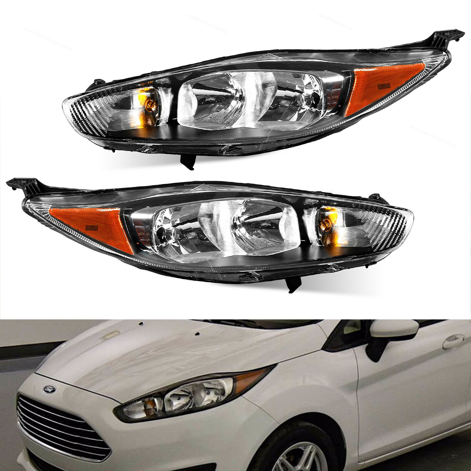 Fit For 2014-2018 Ford Fiesta Black Halogen Headlights Headlamps Left+Right Side