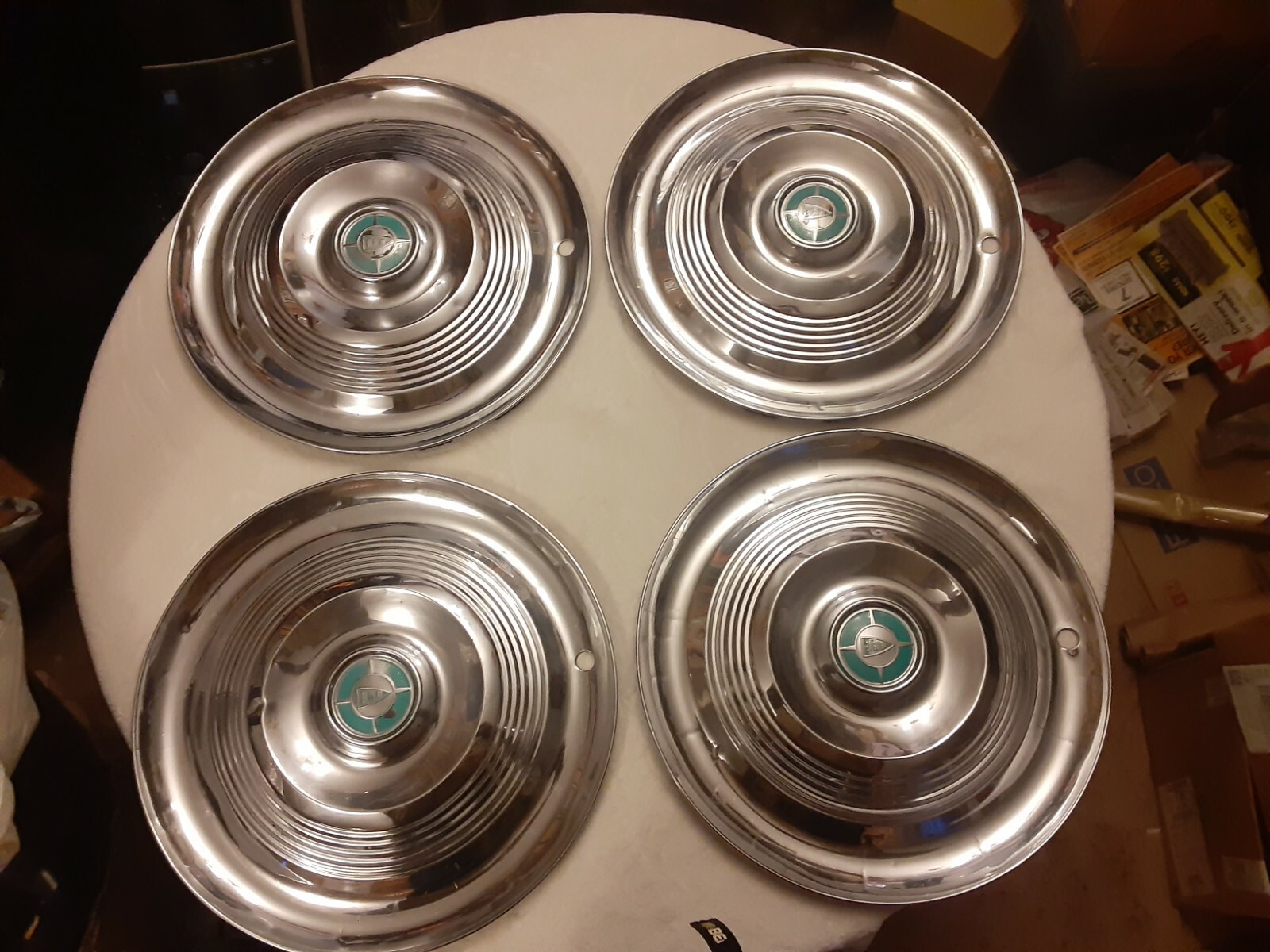 ** VINTAGE PAIR (4) 1955 55 CHRYSLER WINDSOR WHEEL COVERS 15\ ** VINTAGE PAIR (4) 1955 55 CHRYSLER WINDSOR WHEEL COVERS 15\