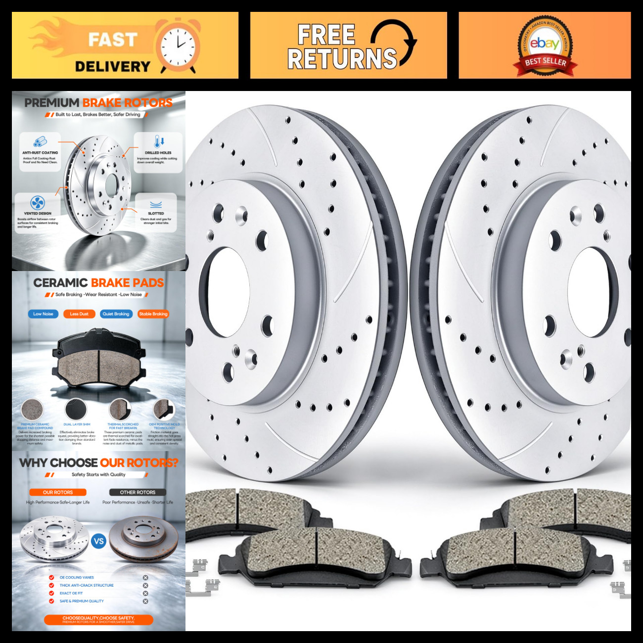 Front Brake Kit - Drilled & Slotted Rotors with Ceramic Brake Pads, High Perform Front Brake Kit - Drilled & Slotted Rotors with Ceramic Brake Pads, High Perform
