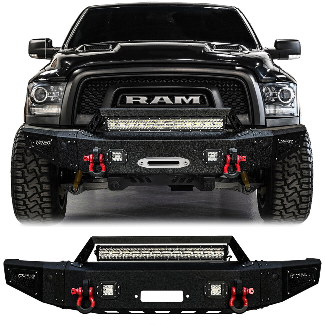 Vijay For 2015-2018 Ram 1500 Rebel Front Bumper Textured Steel with LED Lights