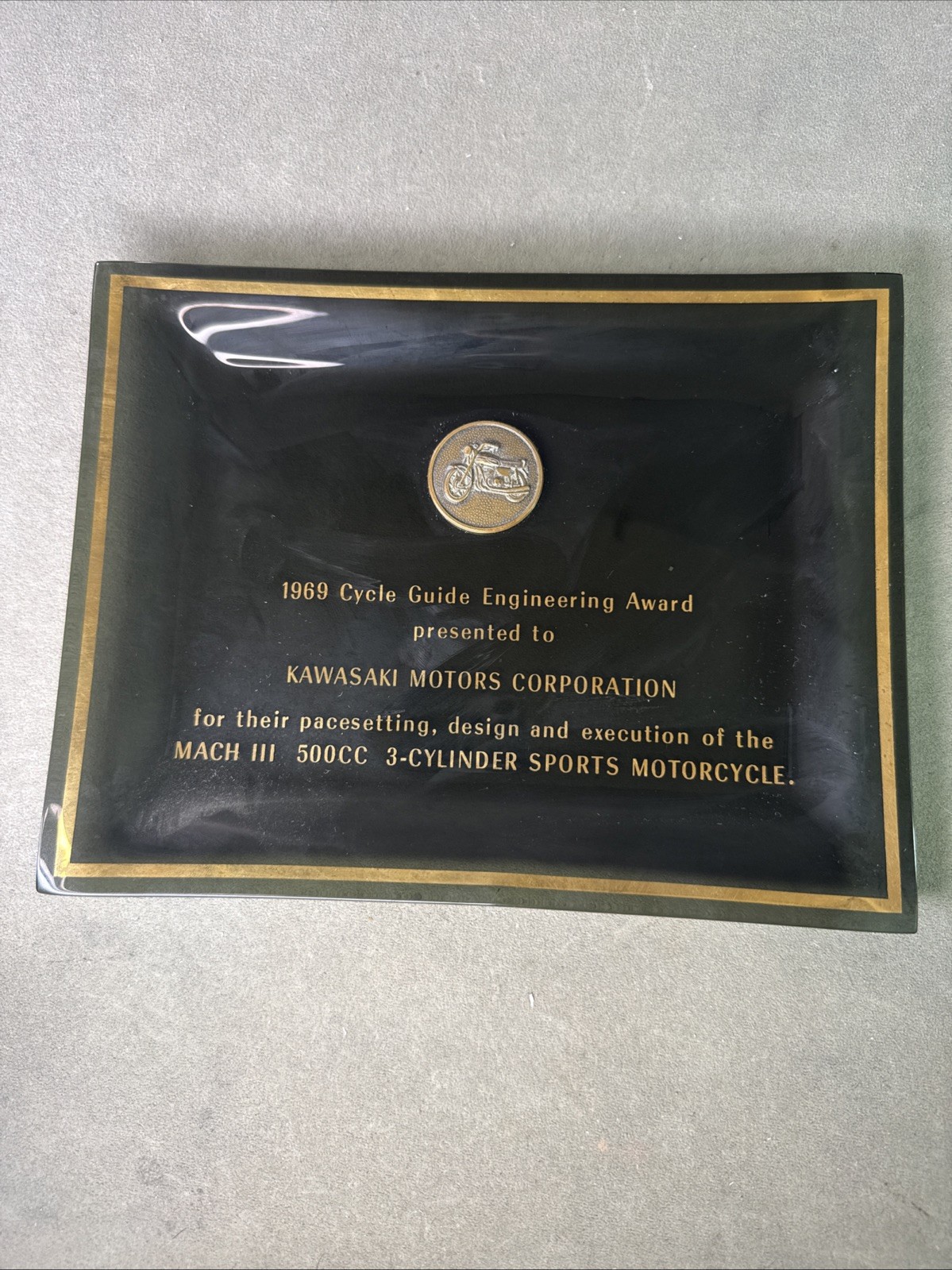Vintage 1969 Cycle Guide Engineering Award To Kawasaki Motors Corp. AWARD 9”x7”