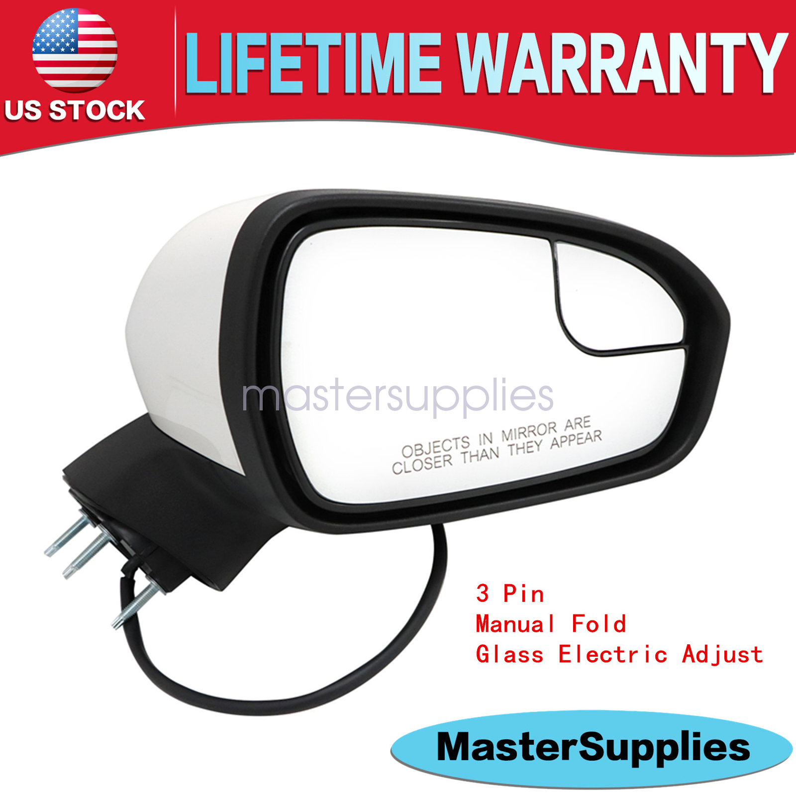 For 2016-2022 Ford Fusion 3Pin White Right Passenger Side Mirror Manual Fold
