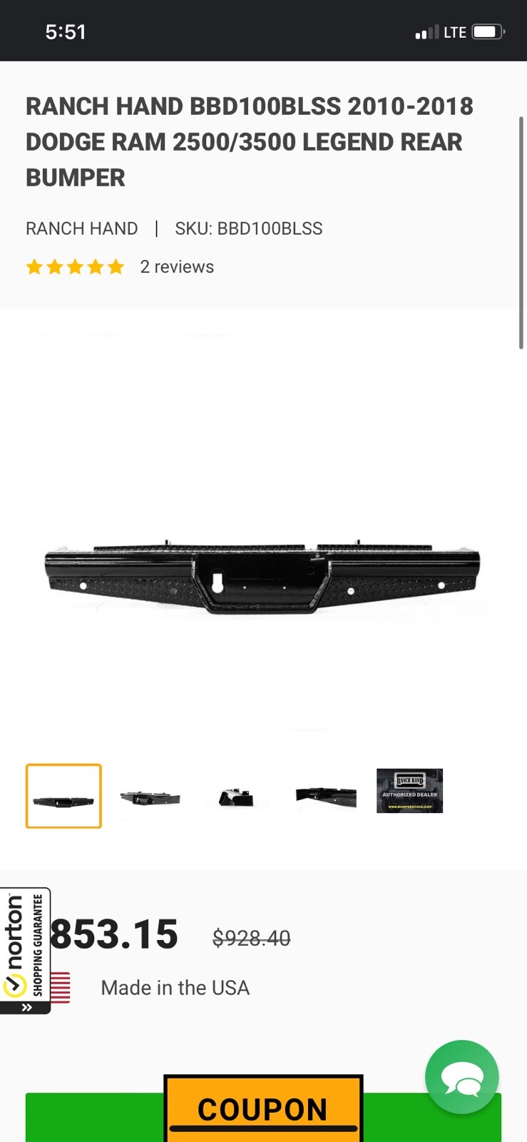 RANCH HAND BBD100BLSS 2010-2018 DODGE RAM 2500/3500 LEGEND REAR BUMPER RANCH HAND BBD100BLSS 2010-2018 DODGE RAM 2500/3500 LEGEND REAR BUMPER