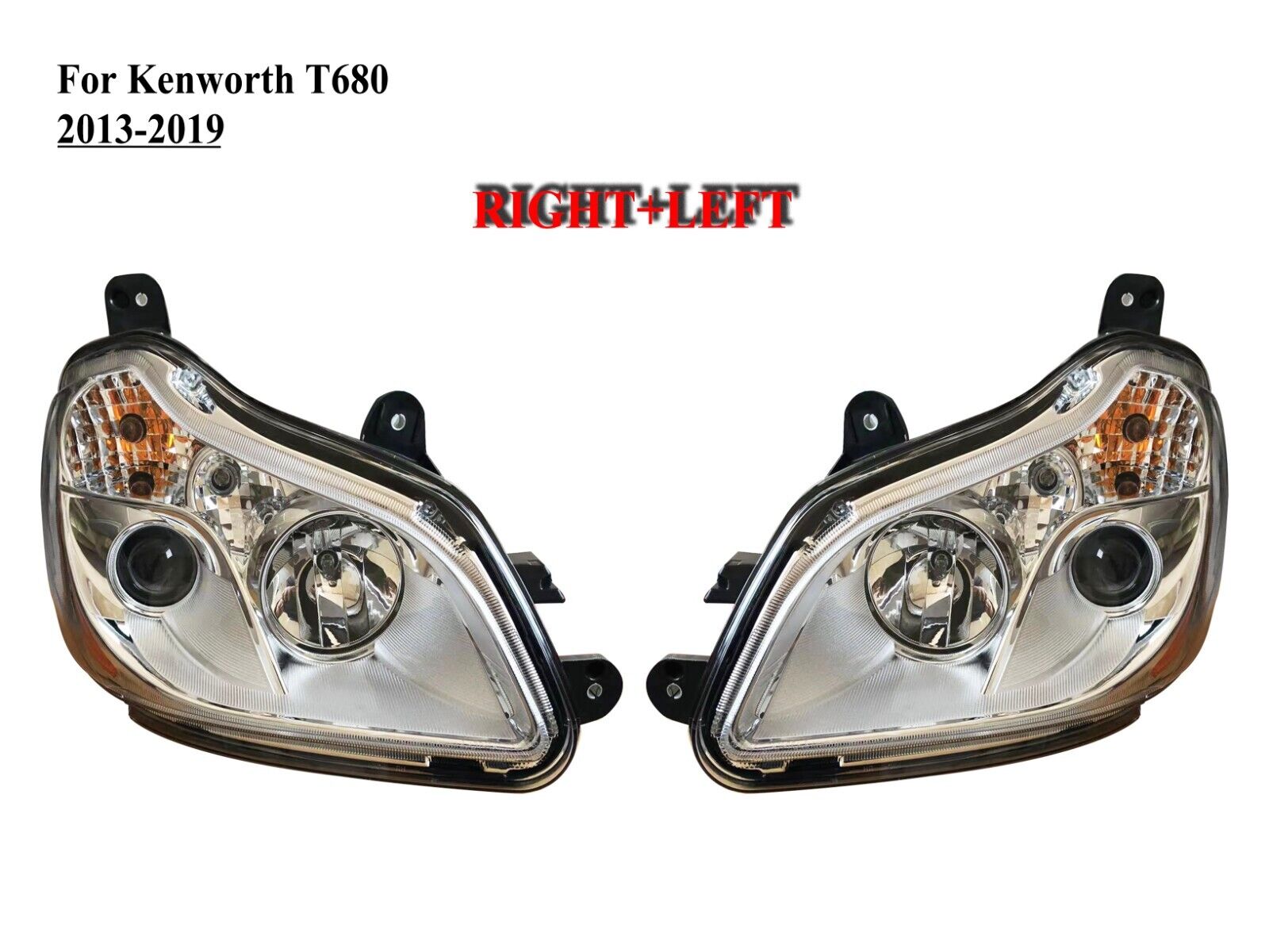Pair Right+Left Side Chrome Headlight Head Lamp for Kenworth T680 2011 to 2022