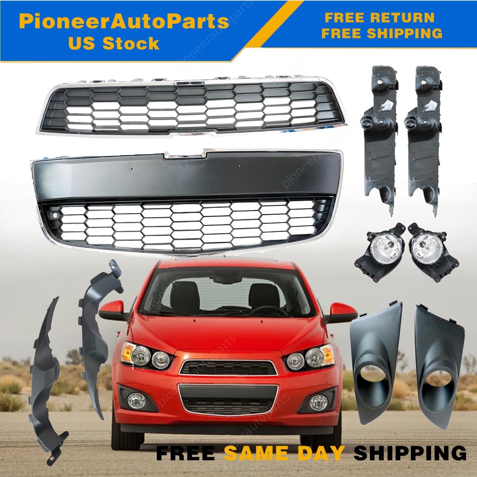 For 2012-16 Chevy Sonic Front Bumper Grille+Fog Light Bezels+Headlight Brackets