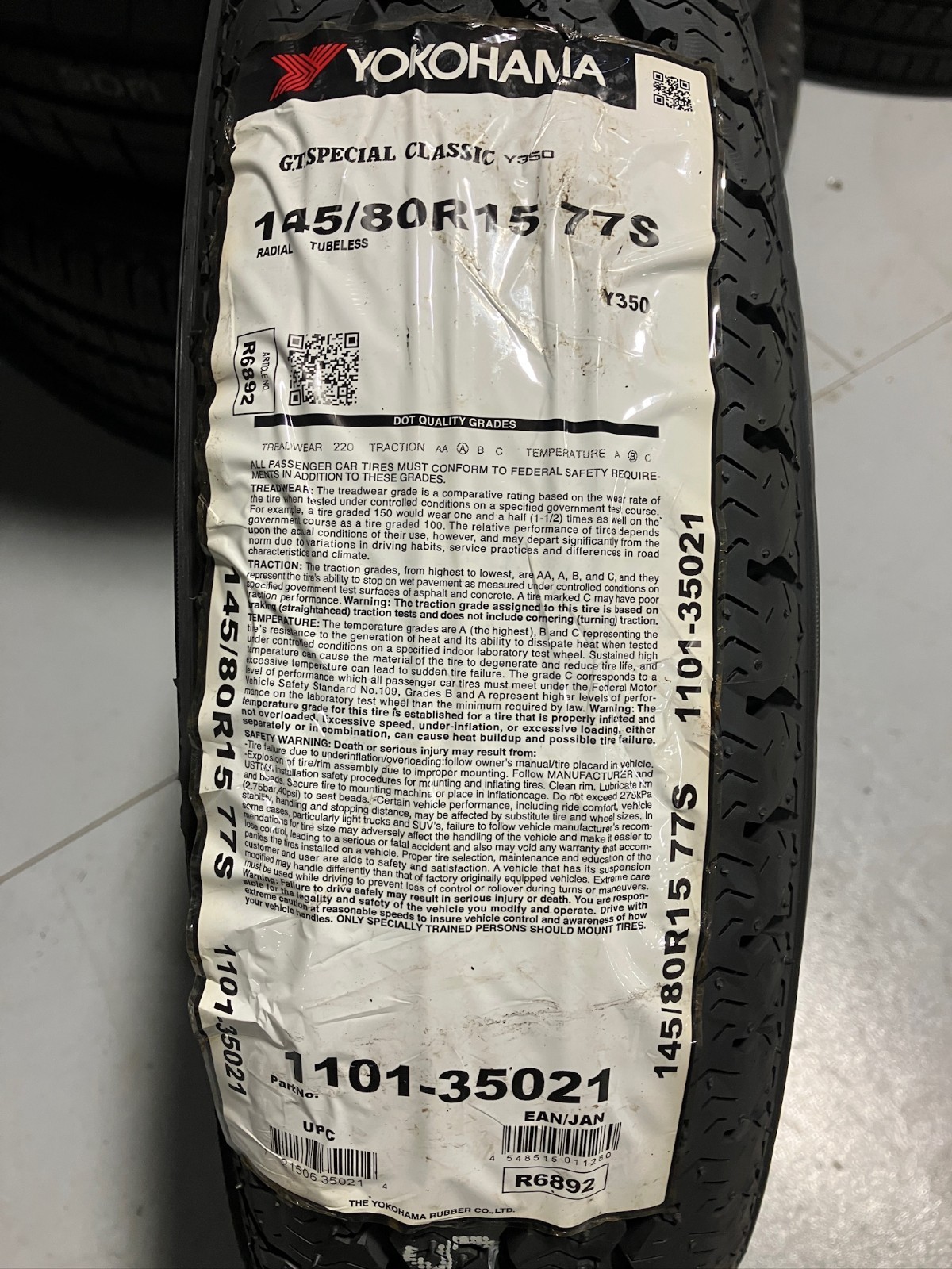 2 New 145 80 15 Yokohama G.T. Special Classic Y350 All Season Tires