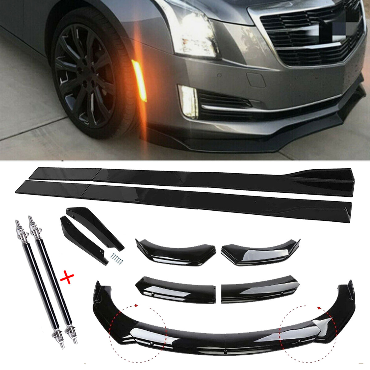 For Cadillac ATS CTS Front Bumper Lip Spoiler Splitter Glossy Black Body Kit