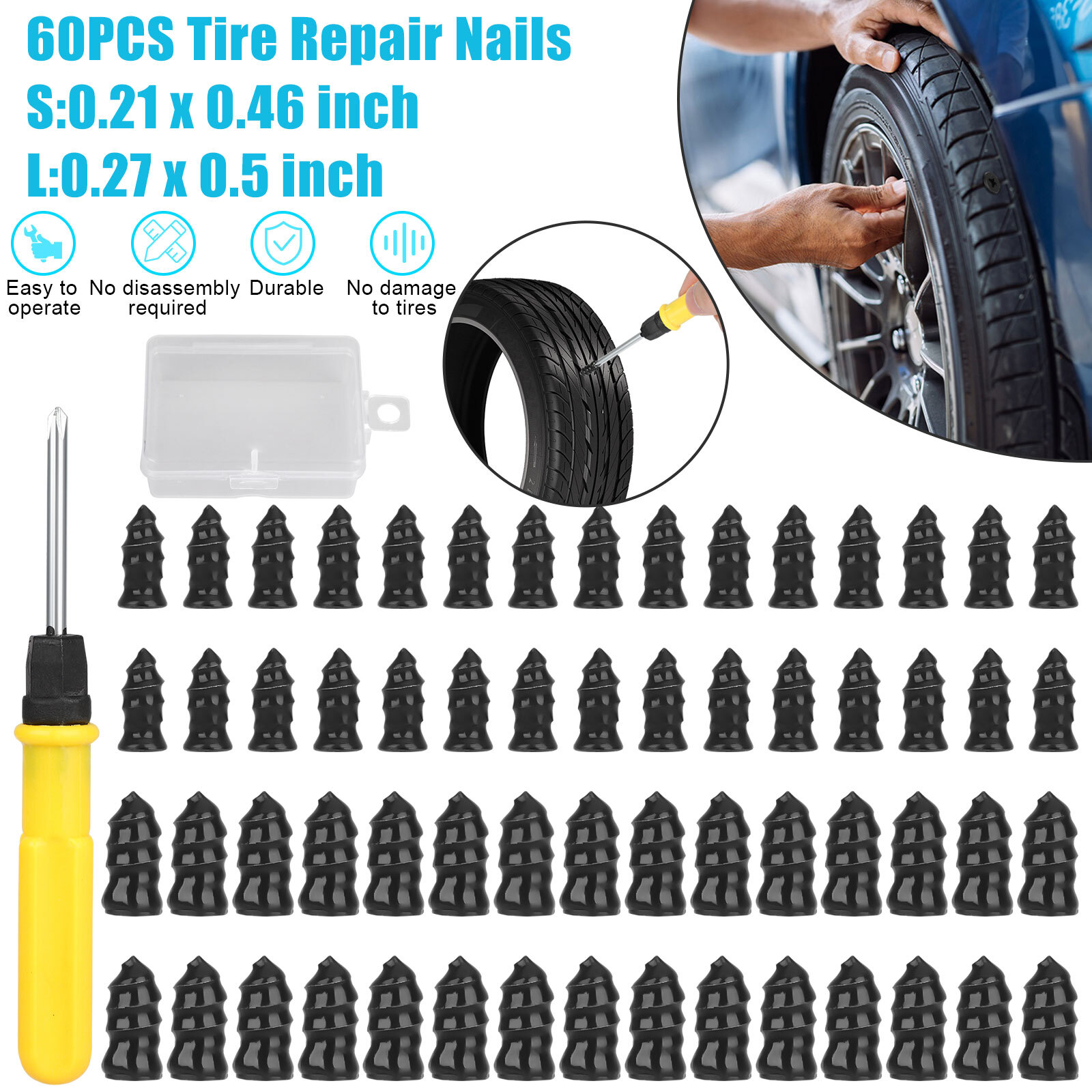 New 60PCS Car Vacuum Tire Repair Nail Rubber Screw Nails+ Screwdriver Tool Set