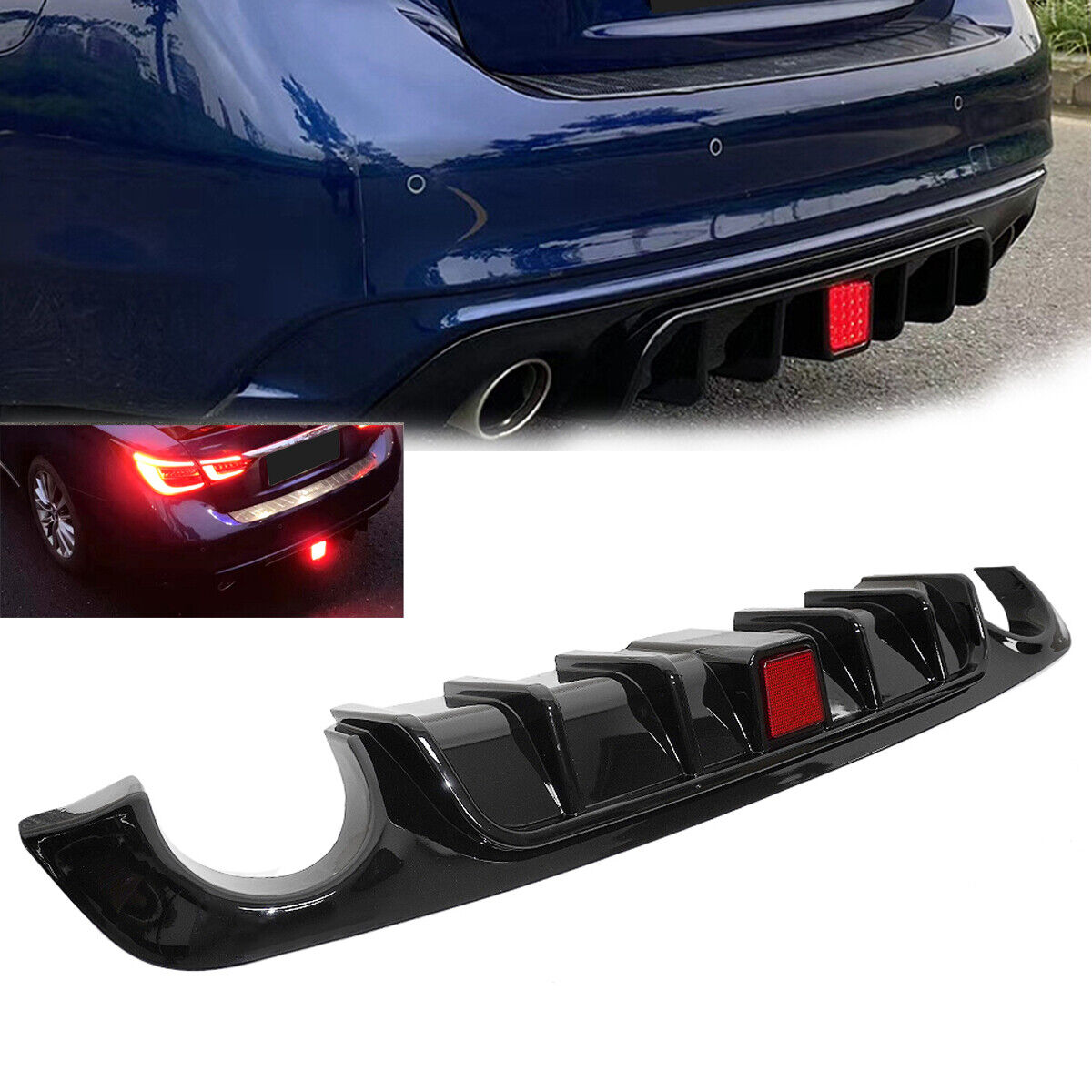 Car Rear Bumper Diffuser Lip W/ Brake LED For Infiniti Q50 2018-2023 Glossy BLK