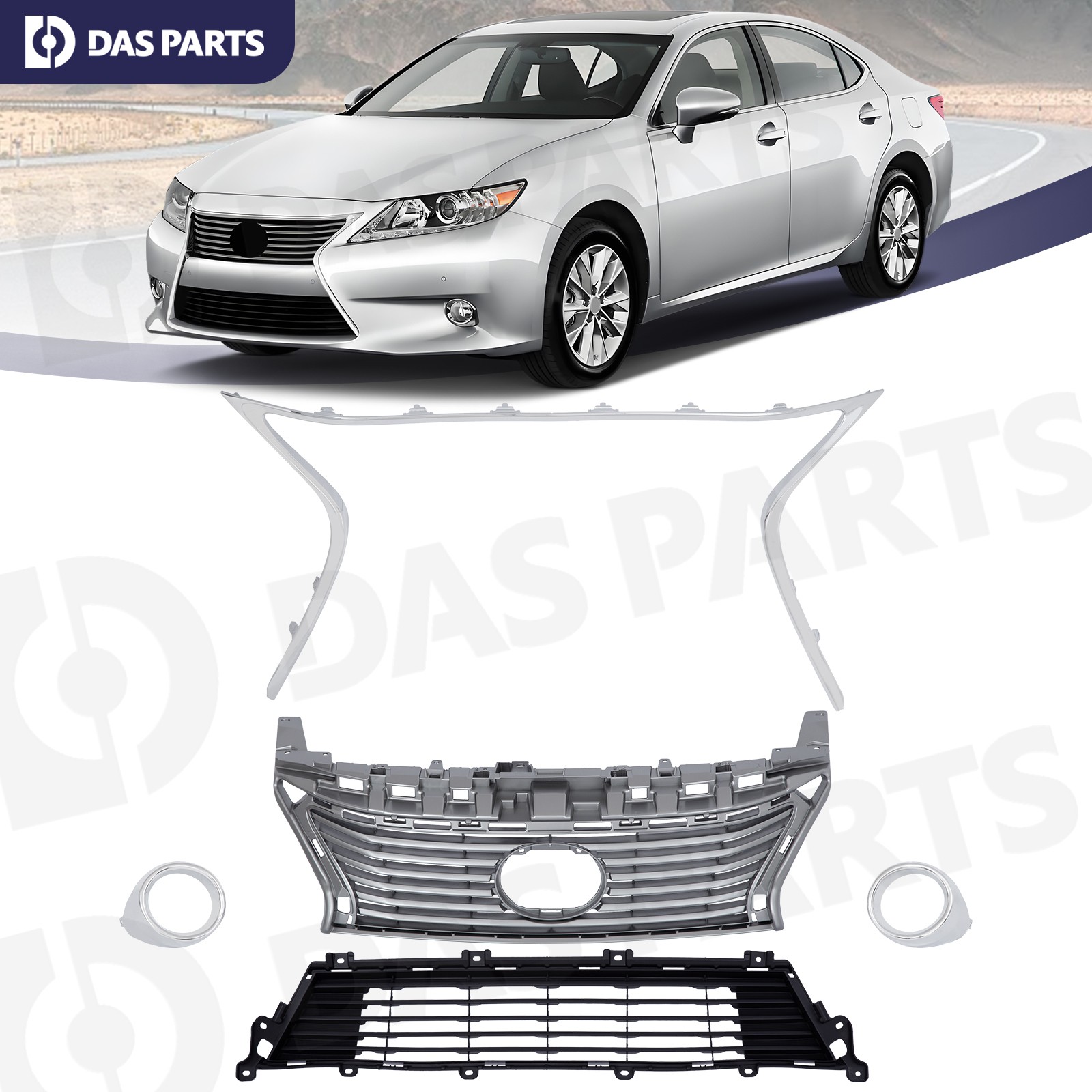 5PCS For 2013-2015 Lexus ES350 ES300H Front Grille Molding Fog Trim Chrome Set