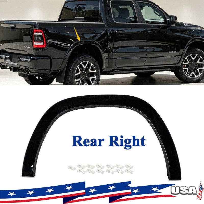 For 19-24 26 Ram 1500 Painted PXJ Black Fender Flare Wheel Protector Rear Right