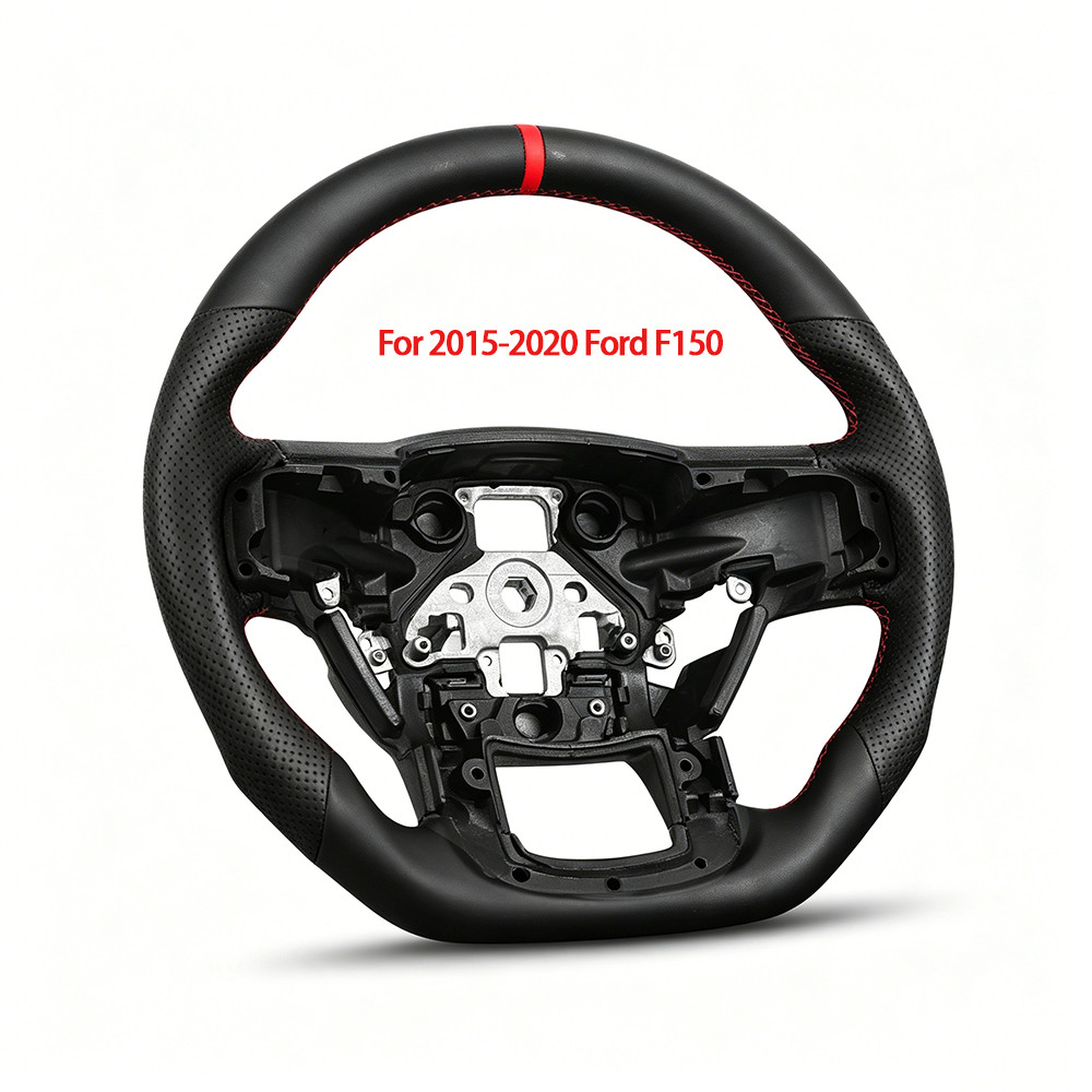 Full Leather Sport Steering Wheel with Red Strip For 2015-2020 Ford F150 D-shape