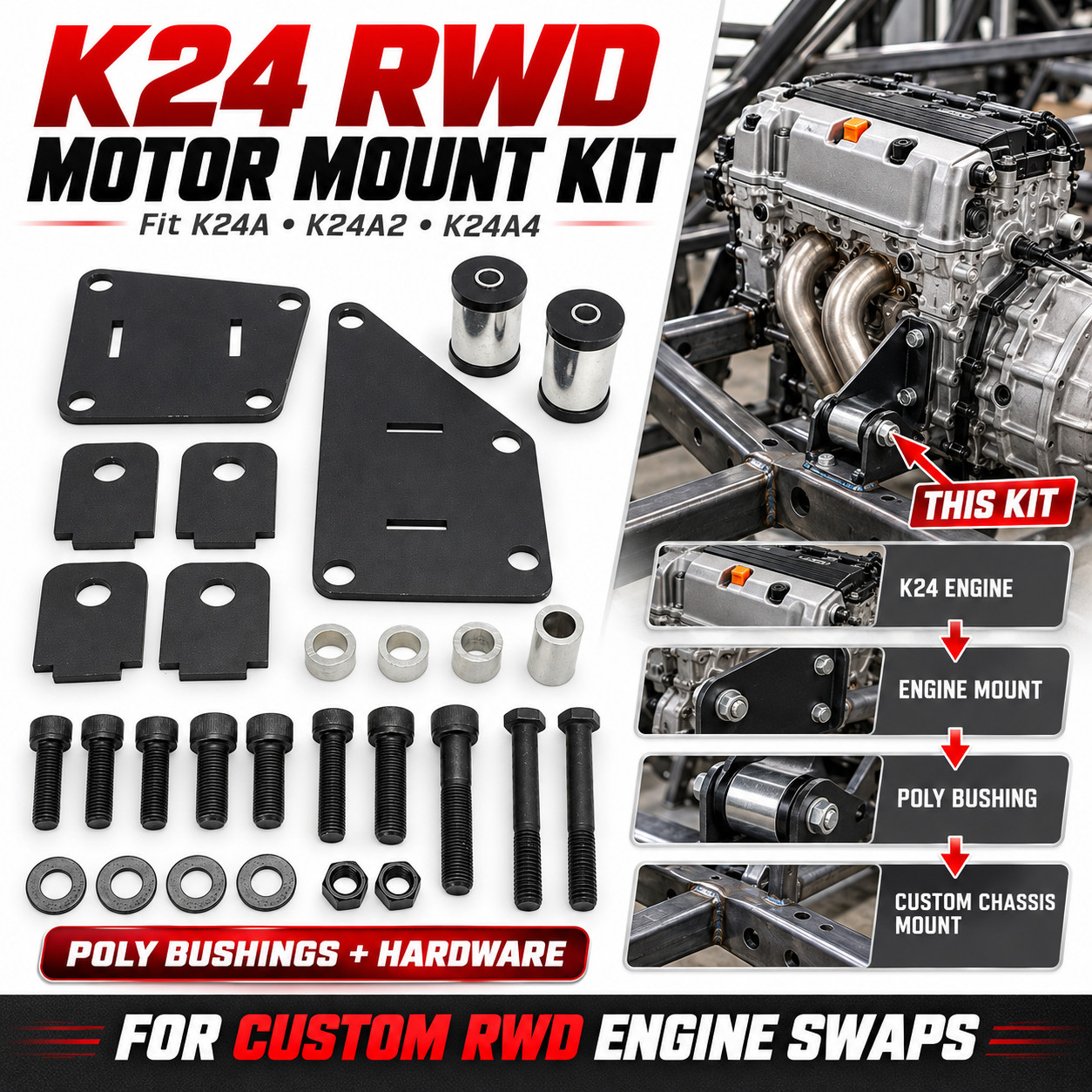 K24 RWD Engine Swap Mount Kit with Poly Bushings For Honda K24A K24A2 K24A4 Swap K24 RWD Engine Swap Mount Kit with Poly Bushings For Honda K24A K24A2 K24A4 Swap