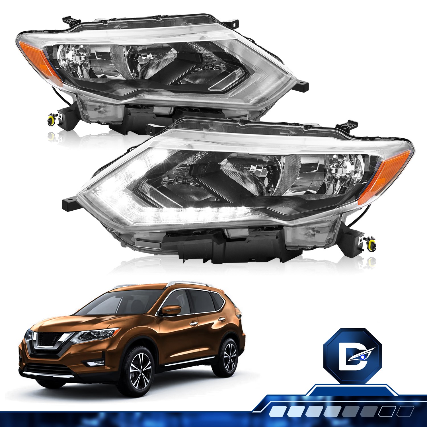 Pair For 2017 2018 2019 Nissan Rogue Halogen w/LED DRL Headlights Headlamps L+R