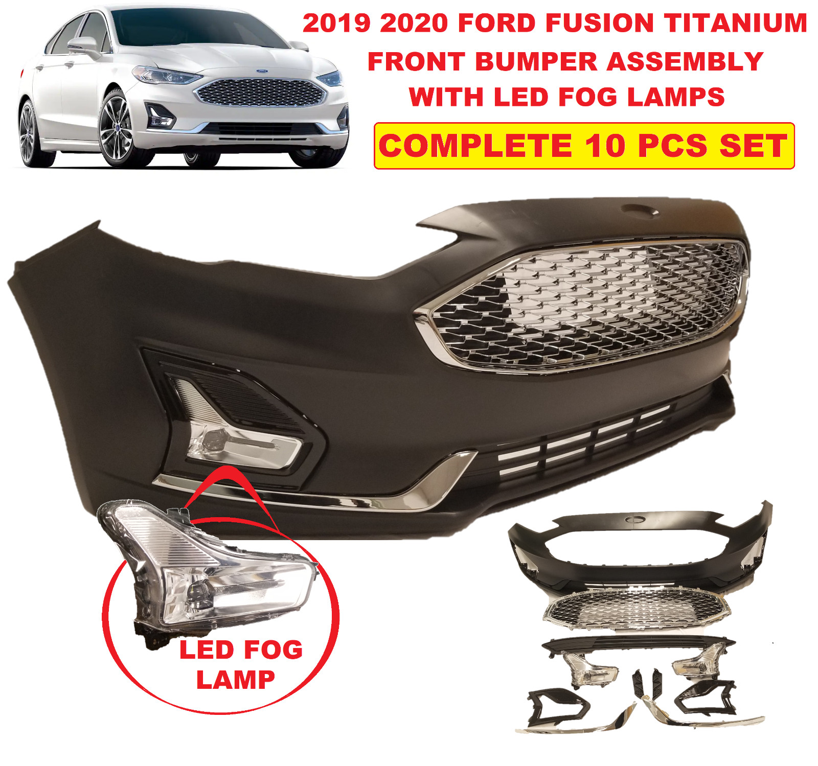 FITS 2019 2020 FORD FUSION TITANIUM FRONT BUMPER  LED FOG LAMPS CHROME HONEYCOMB