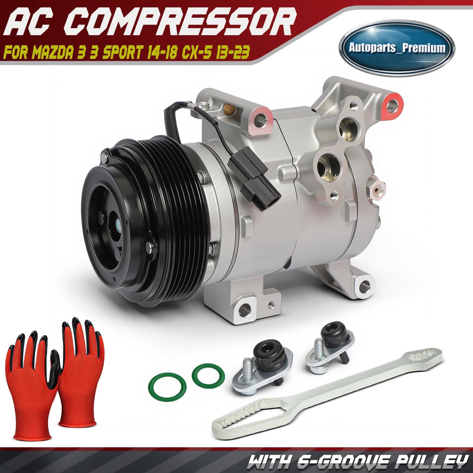 A/C Compressor w/ 10S13 Style for Mazda CX-5 2013-2023 3 3 Sport 2.0L 2.5L 12V