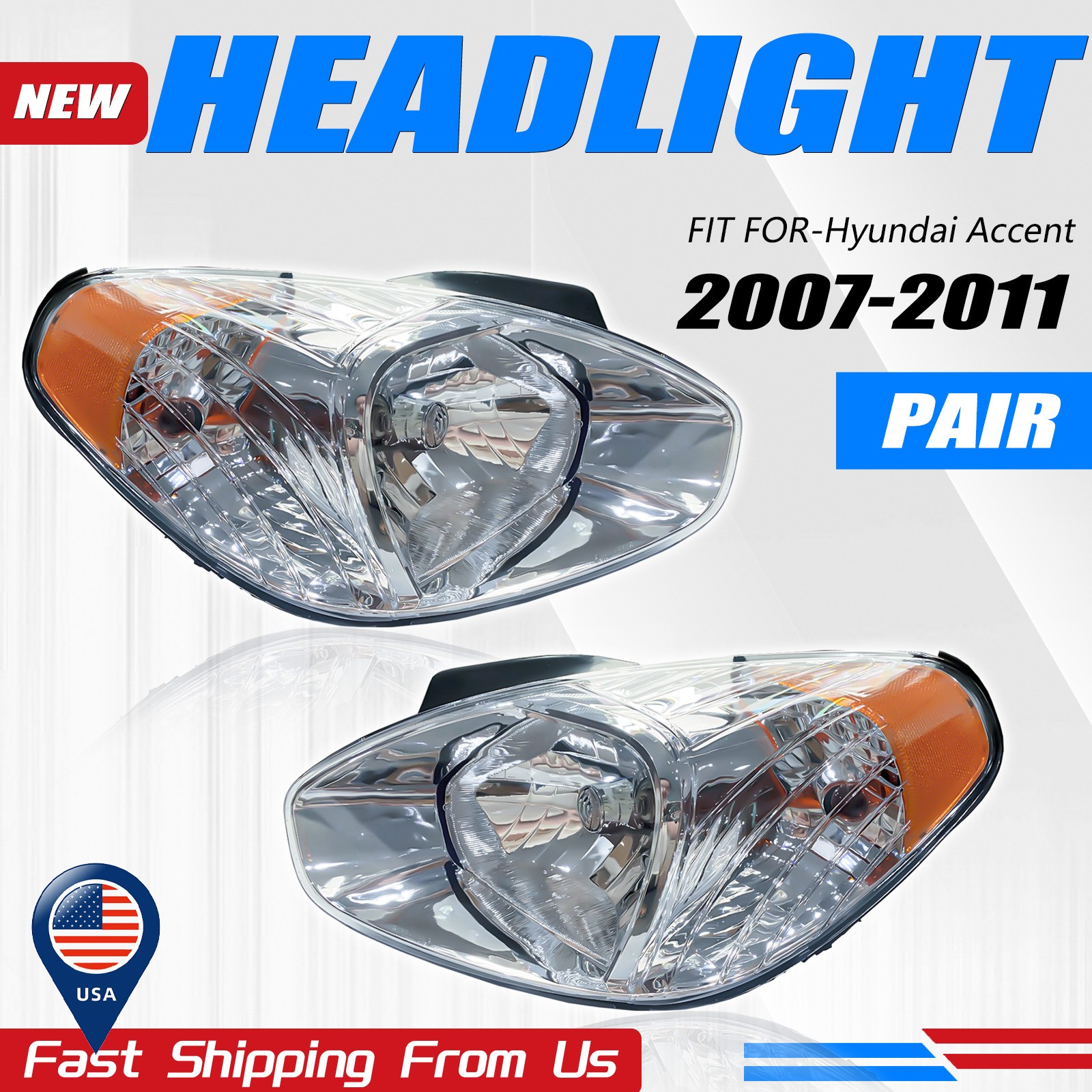 Headlights Set For 2007-2011 Hyundai Accent GS/SE/GLS/SR Driver Passenger Side