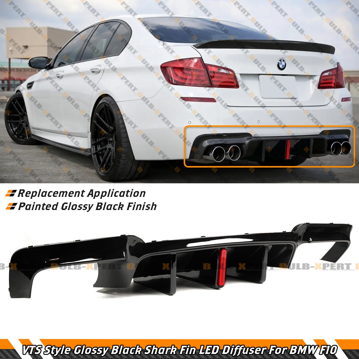 For 2011-16 BMW F10 528i 535i VTS Style Gloss Black Shark Fin LED Rear Diffuser