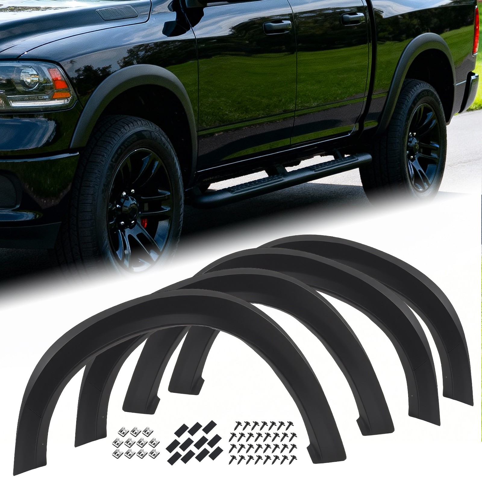 Fits Dodge Ram 1500 2009-2018 Black Factory Style Smooth Fender Flares Protector Fits Dodge Ram 1500 2009-2018 Black Factory Style Smooth Fender Flares Protector