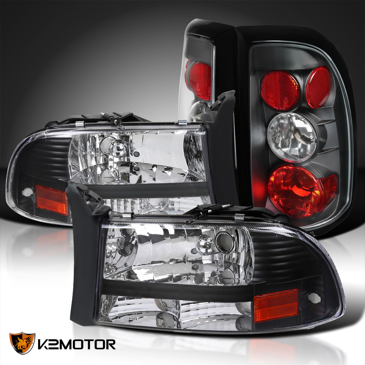 Fits 1997-2004 Dodge Dakota Black Headlights Tail Lights Left+Right 97-04 Pair