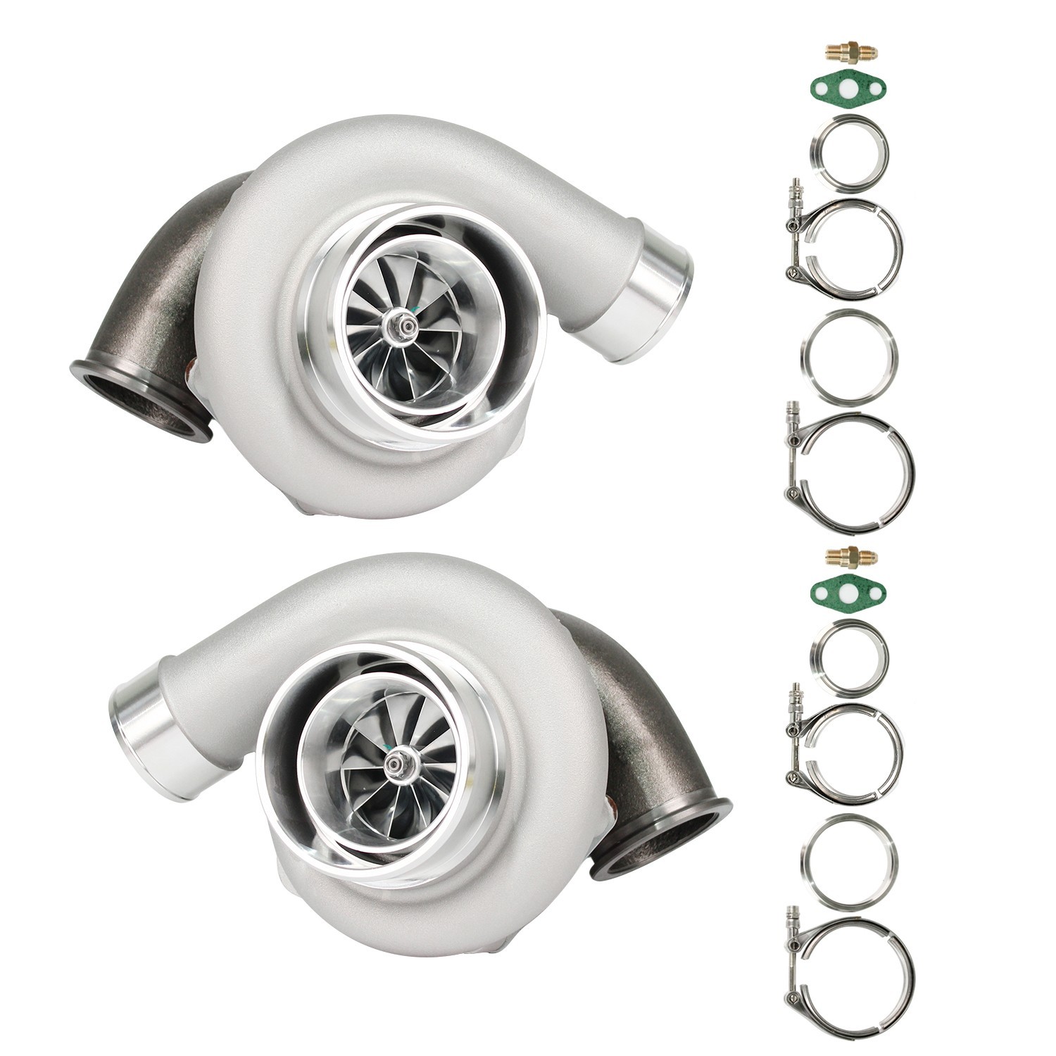 GEN2 GTX3582R BCW Ball Bearing Twin Turbos 0.83 V-Band Housing W/ Flange Clamp