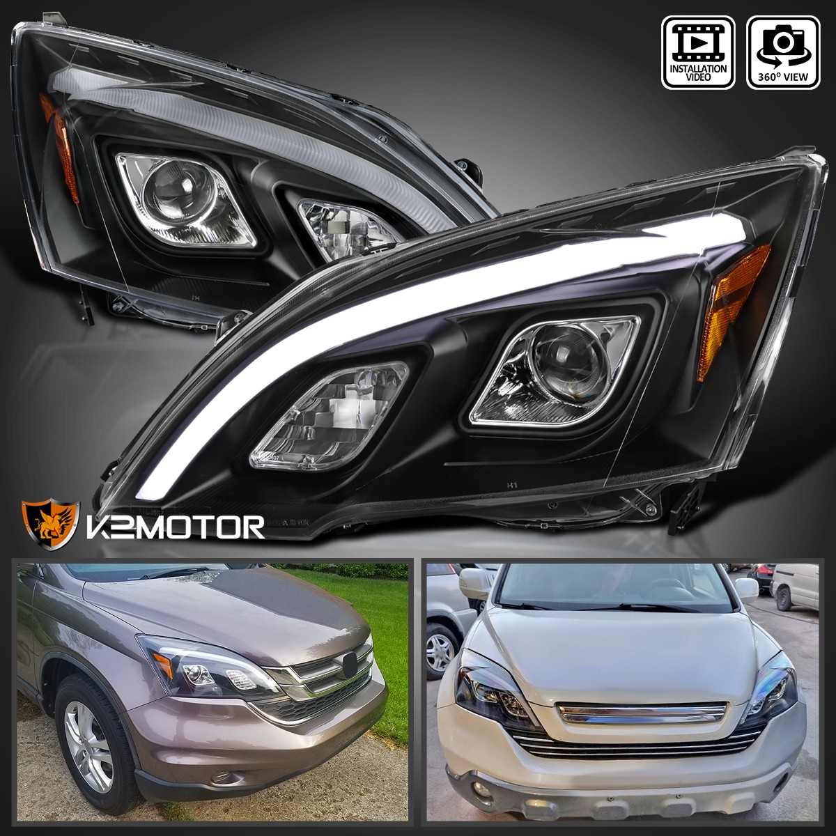 Black Fits 2007-2011 Honda CRV CR-V Projector Headlights LED Strip Lamps 07-11 Black Fits 2007-2011 Honda CRV CR-V Projector Headlights LED Strip Lamps 07-11