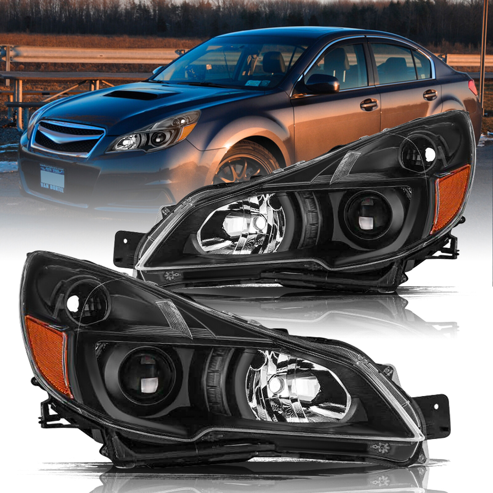 For 2010-2014 Subaru Outback Legacy Black Amber Headlights Headlamps Left+Right