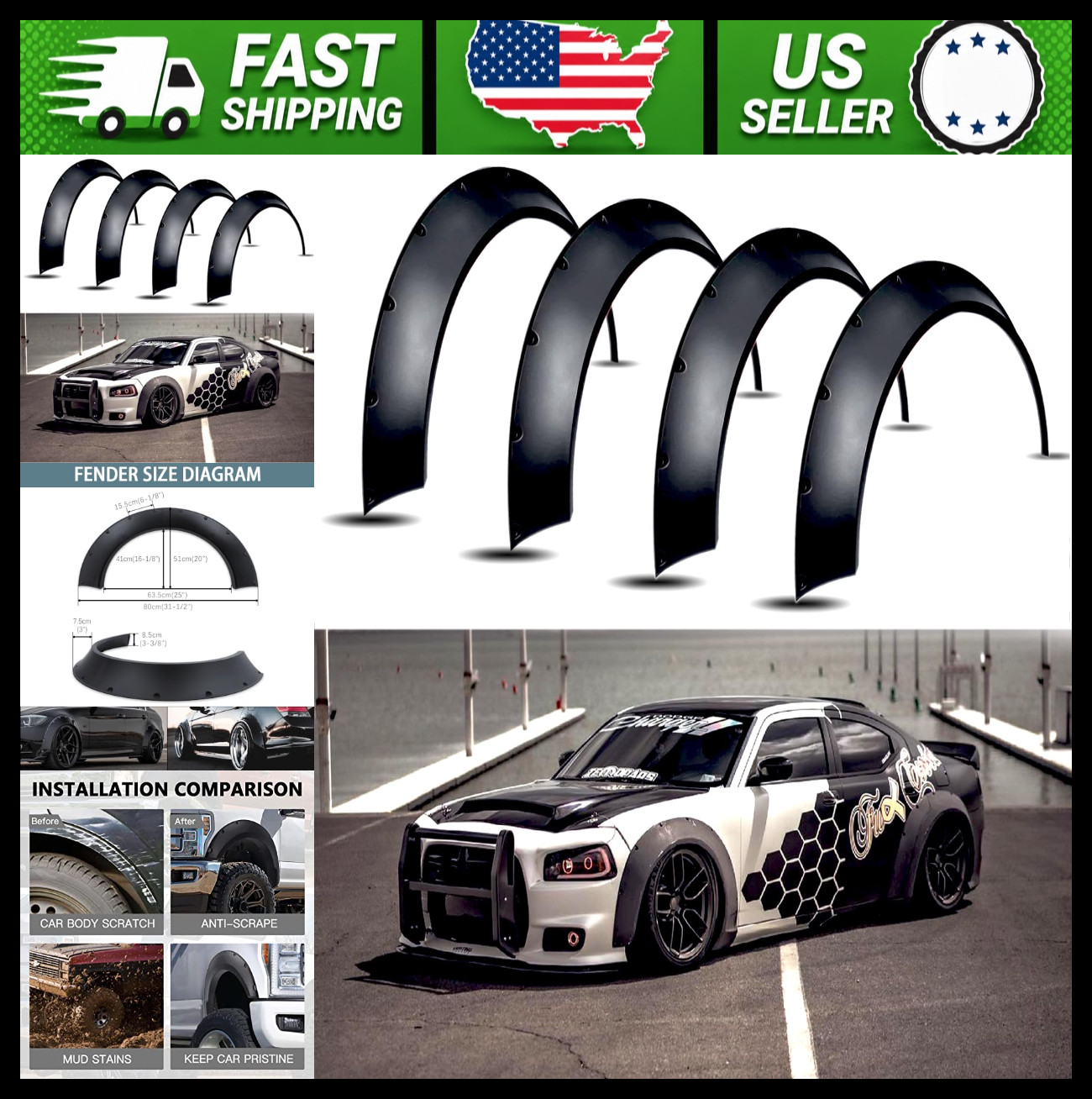 4pc Universal 80mm Flexible Fender Flares Wheel Arch Trim 4pc Universal 80mm Flexible Fender Flares Wheel Arch Trim