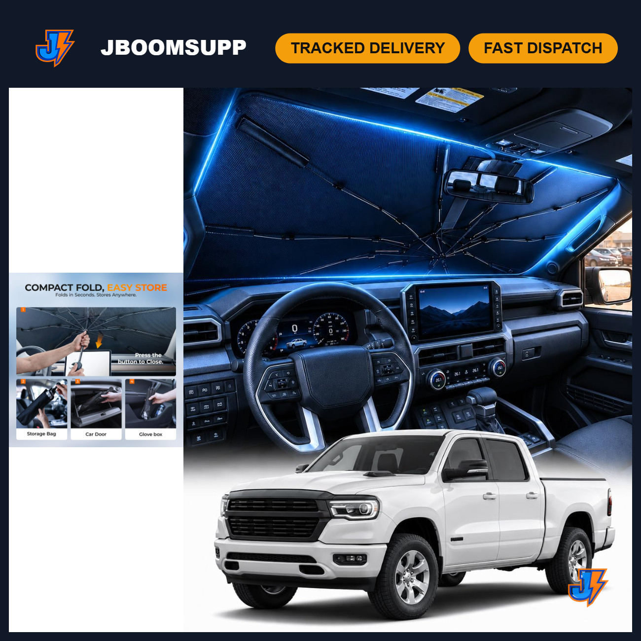 2026 Upgraded Windshield Sun Shade Umbrella for RAM 1500 2500 3500 - 100% Sunlig