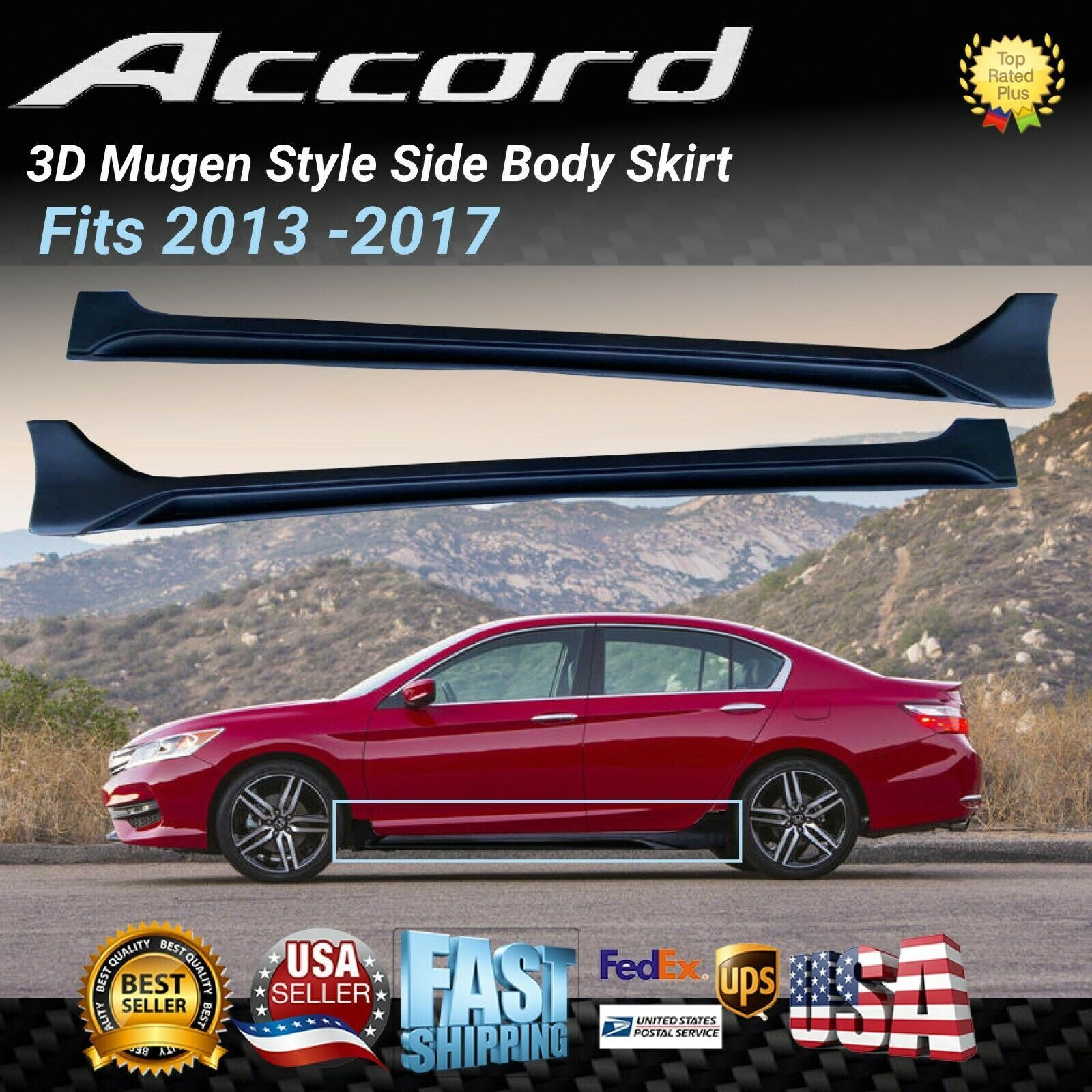 For  2013-2017 Honda Accord 3D Mugen MOD Style Matte Black Side Skirts Body Kit 