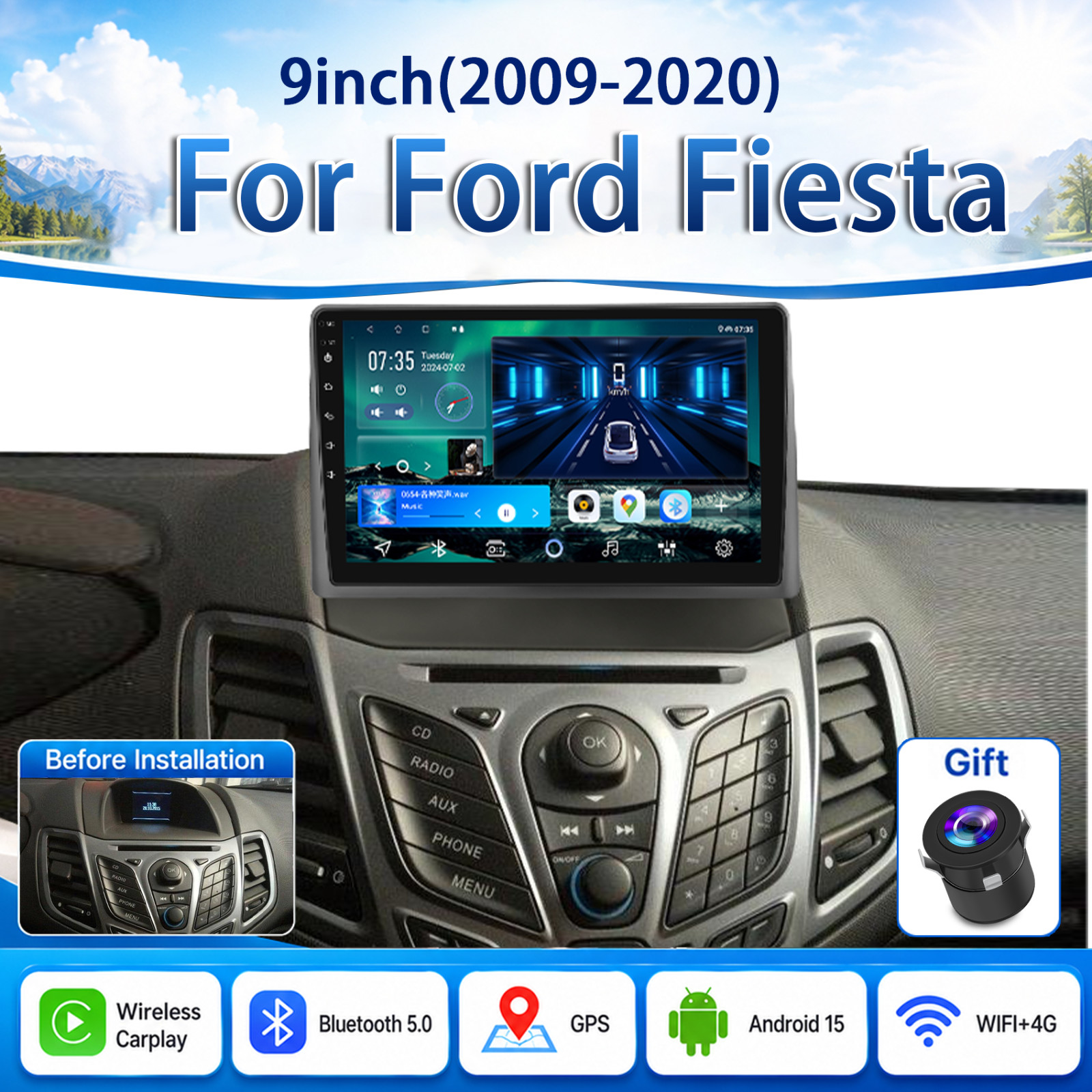 9'' Apple Carplay For Ford Fiesta 2009-2020 Android 14 Car Stereo Radio GPS NAVI