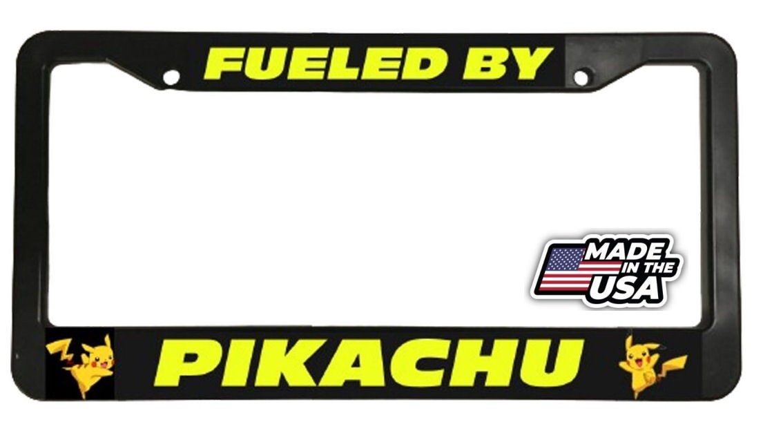 FUELED BY PIKACHU pokemon reflective on black License Plate Frame FUELED BY PIKACHU pokemon reflective on black License Plate Frame